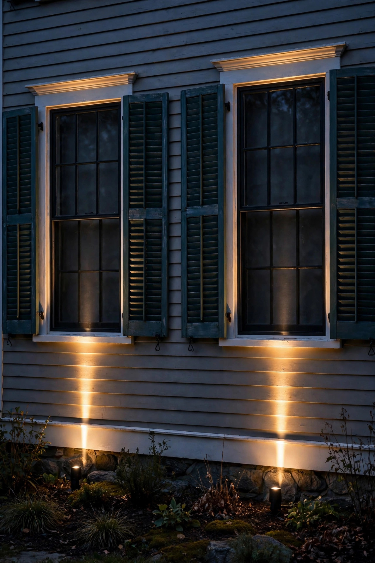 Narrow-beam spotlights below front windows casting slim ribbons of warm light up the trim and shutters at night