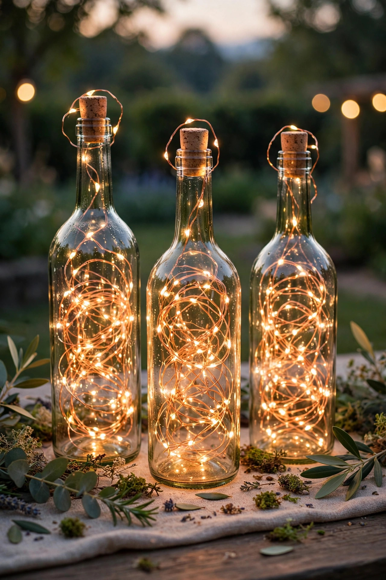 Wine bottles filled with warm copper wire cork lights glowing as wedding table centerpieces