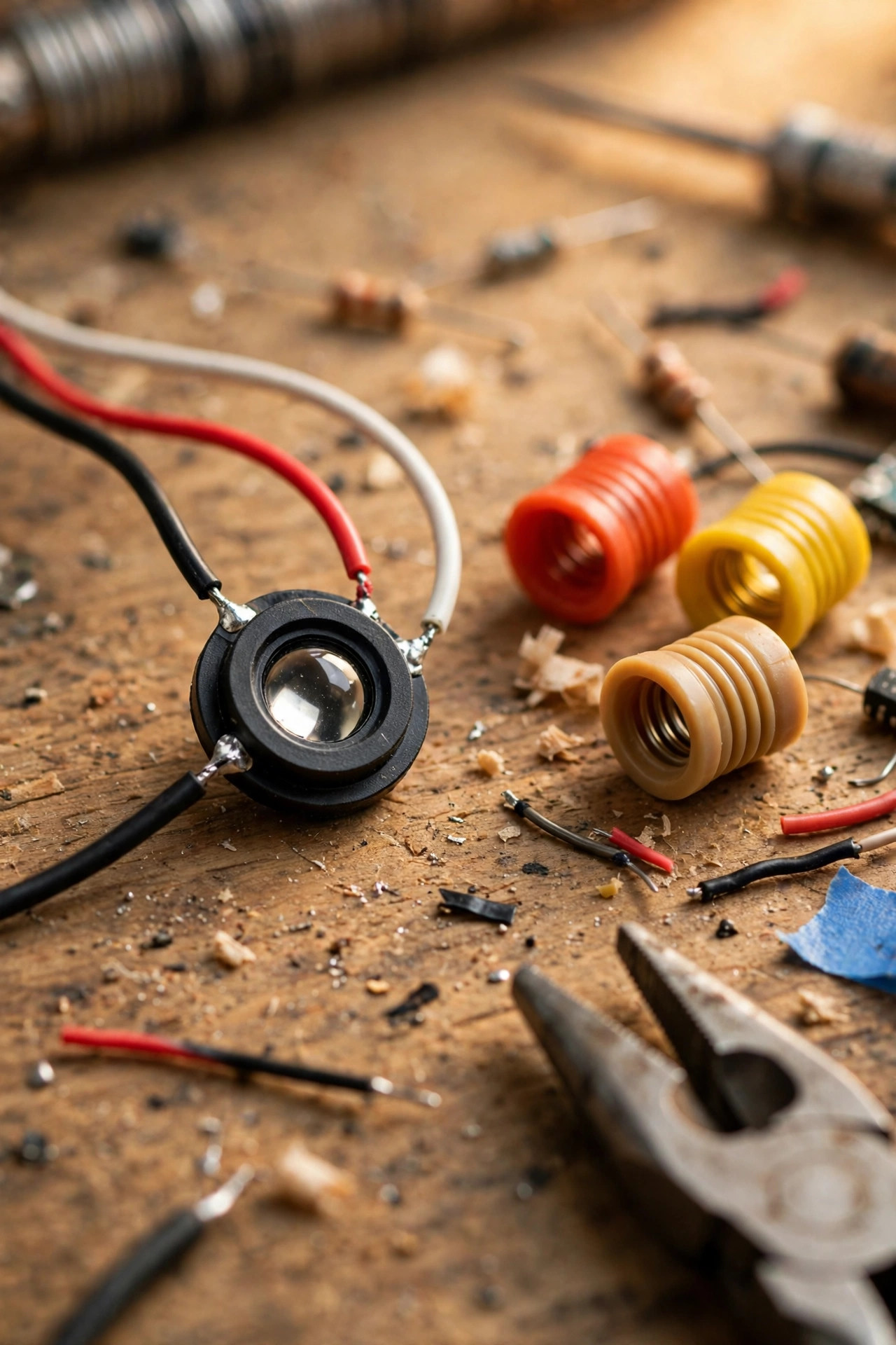 Small button photocell with black red and white wires next to wire nuts on a workbench