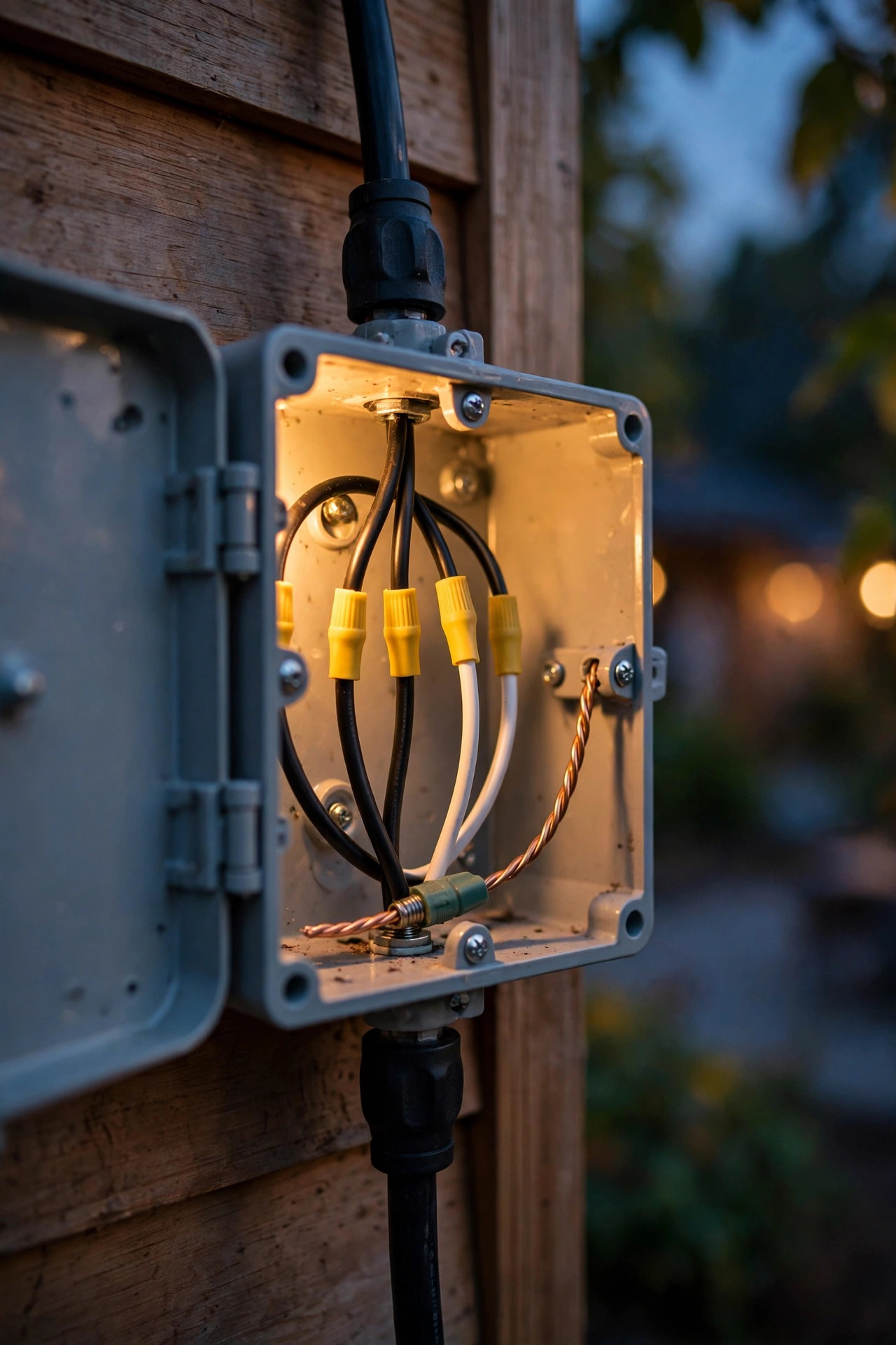 Close-up of an outdoor weatherproof junction box with neat wire connections for a hardwired exterior fixture