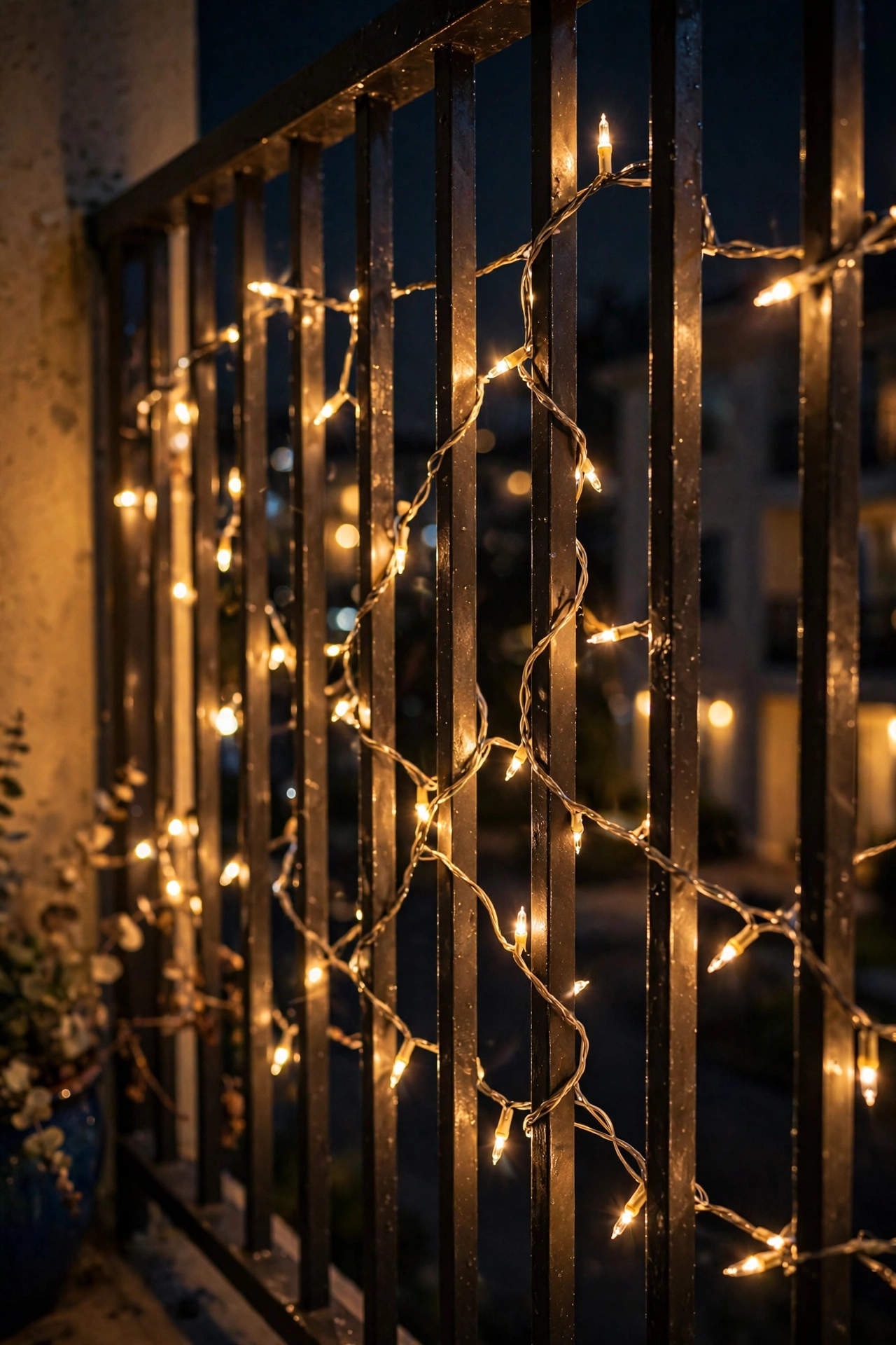 Fairy lights woven through vertical balcony railing balusters at night