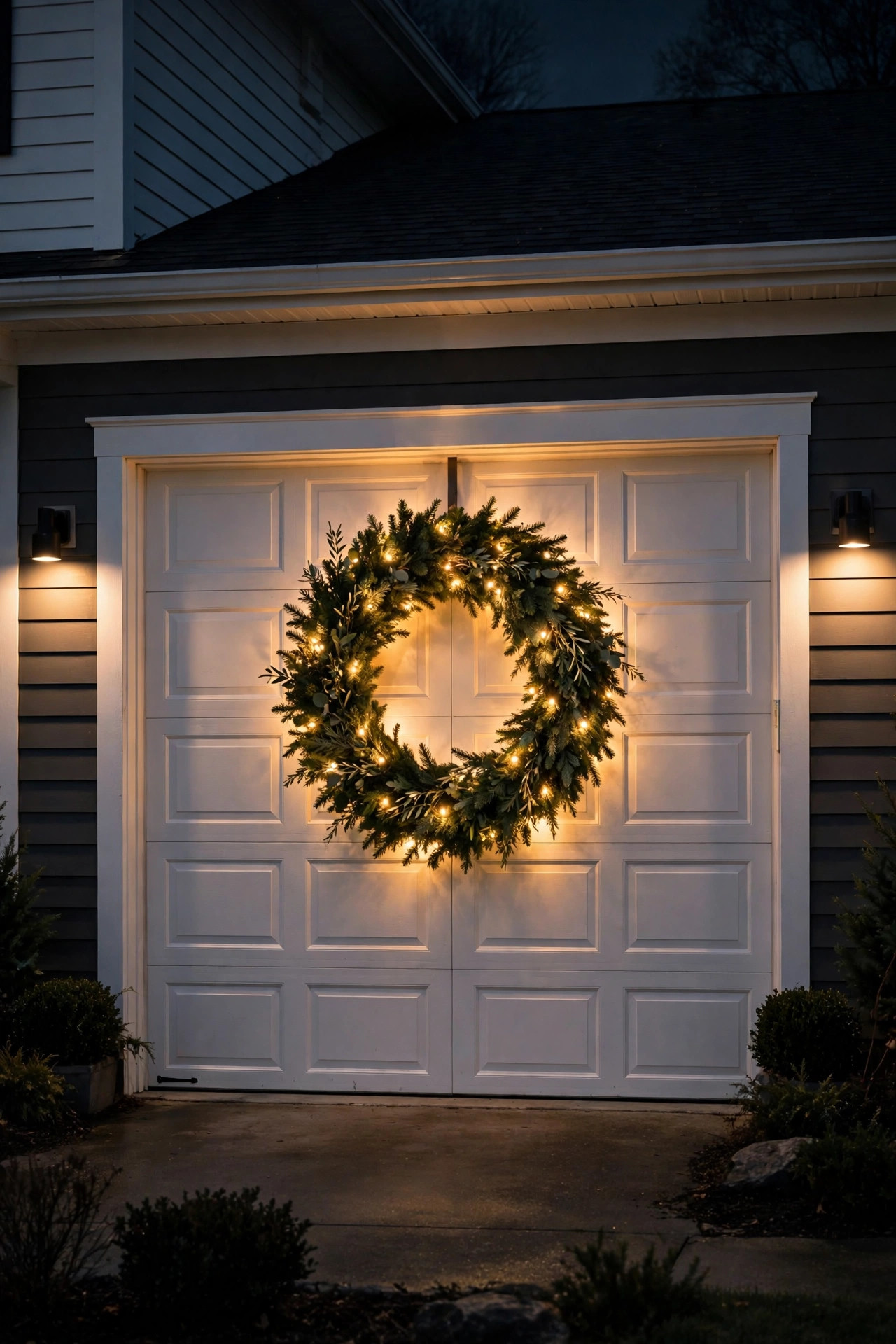Pre-lit wreath glowing on a garage door with warm white lights at night
