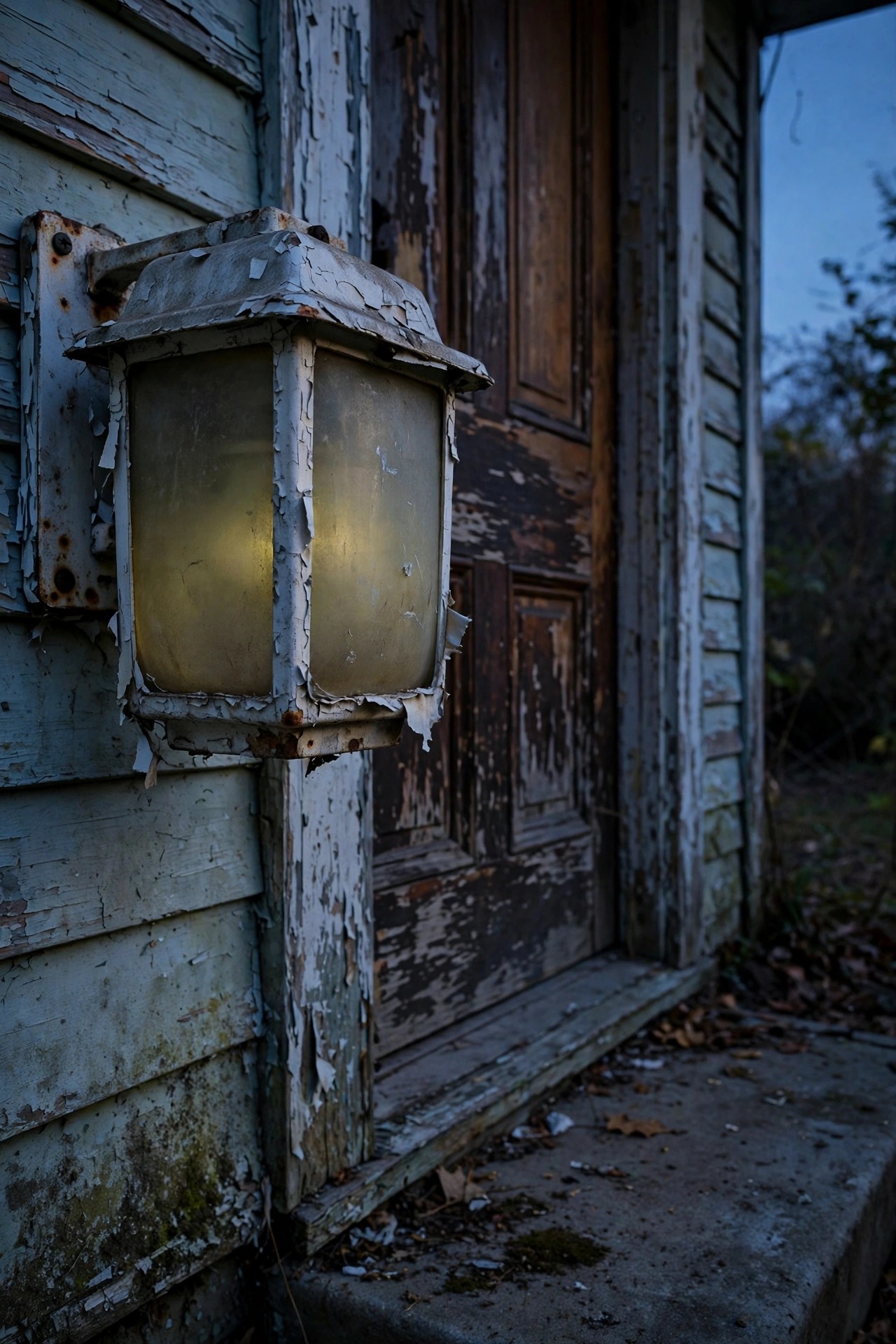 Faded plastic porch light with a yellowed cloudy lens and peeling paint beside a front door at dusk, a worn weathered fixture looking tired