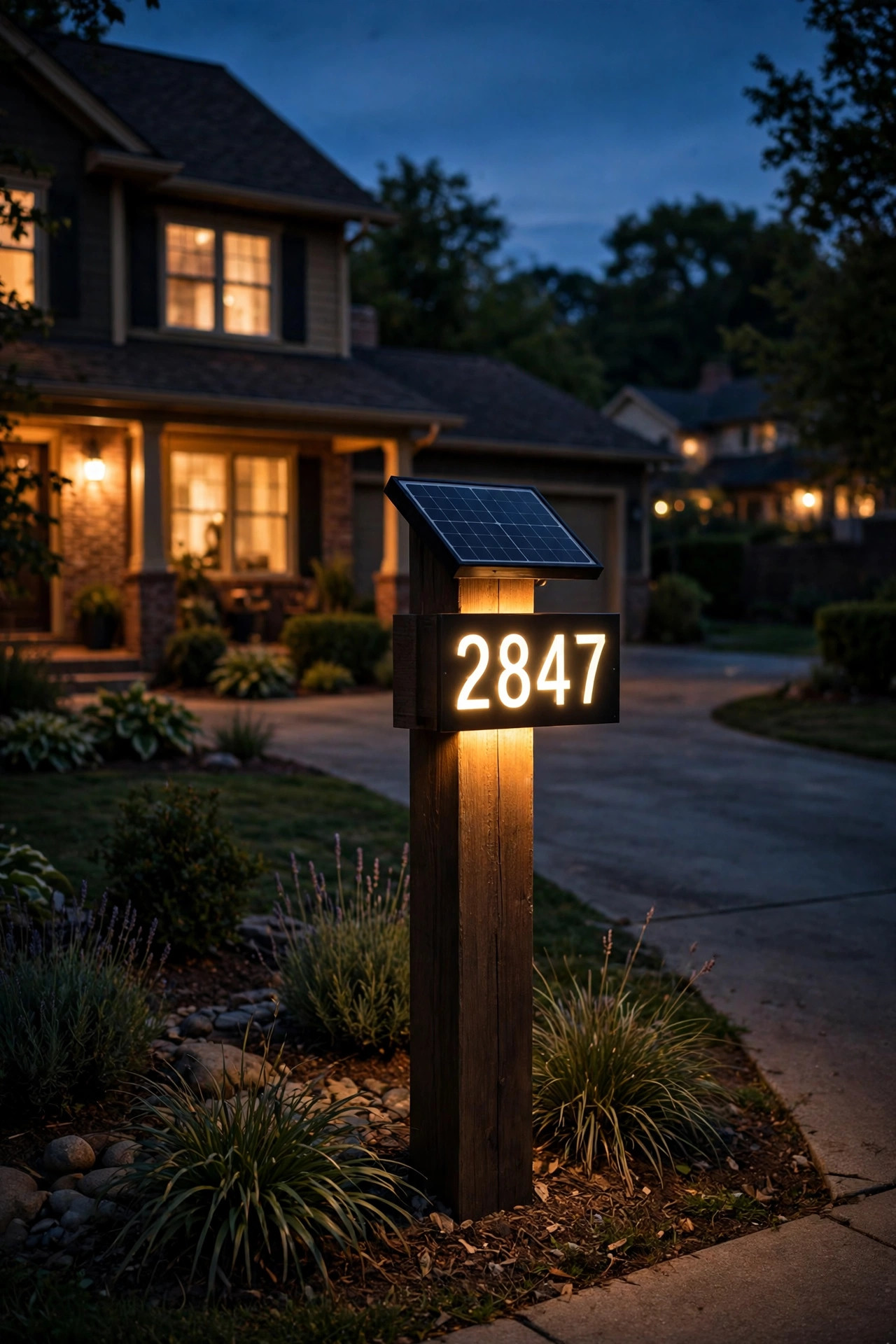 Solar illuminated address post with bright house numbers glowing at the edge of a driveway at night