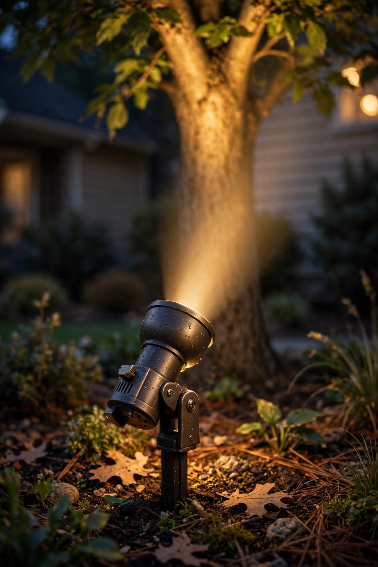 Person adjusting a staked uplight at night aimed at a tree, avoiding glare