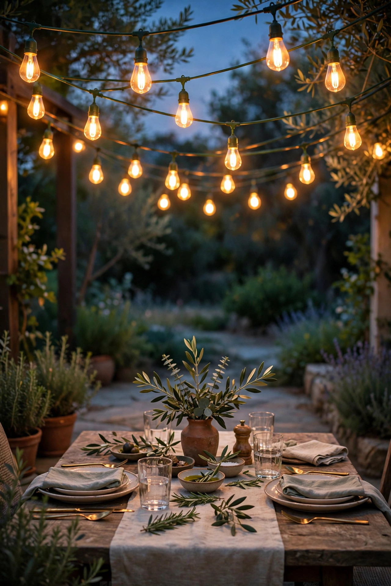 Amber glowing bulbs over an outdoor dining table at dusk casting warm bug-friendly light over a summer dinner setting