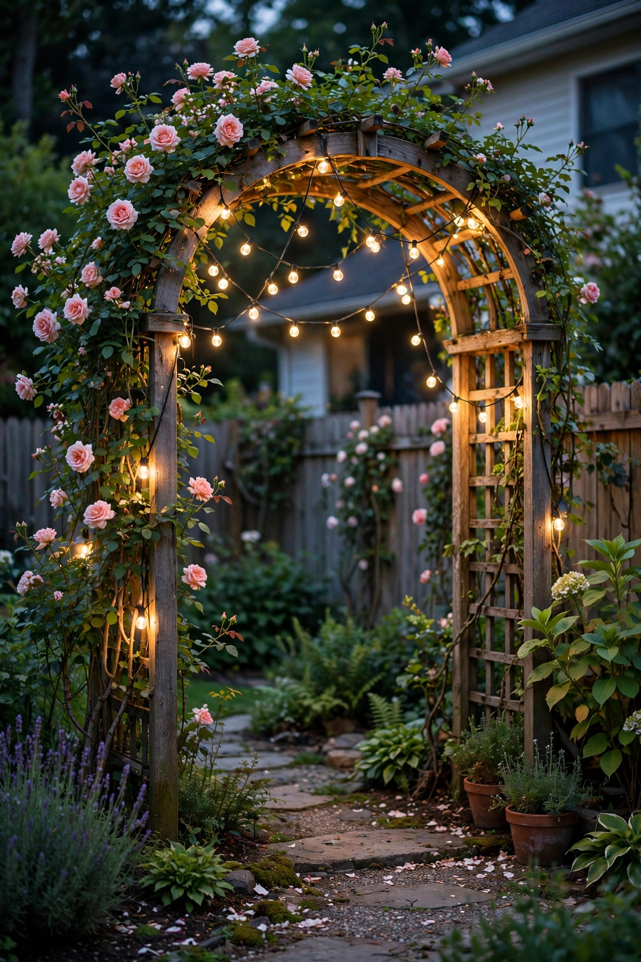 Solar string lights outdoor draped over a garden arch entry with climbing vines glowing at dusk