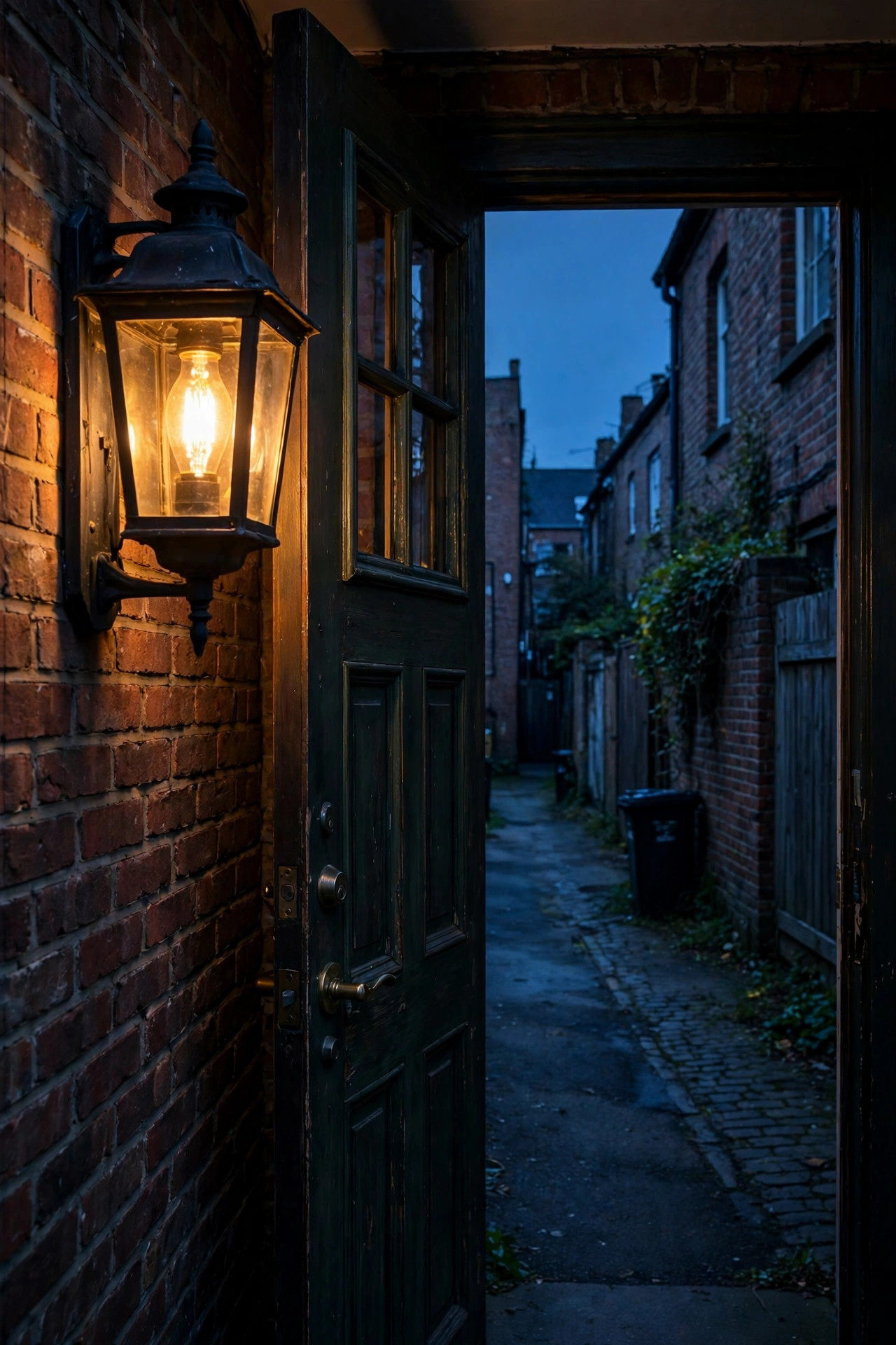 Lantern style wall sconce with a warm filament bulb beside a back door opening onto a rear lane at dusk