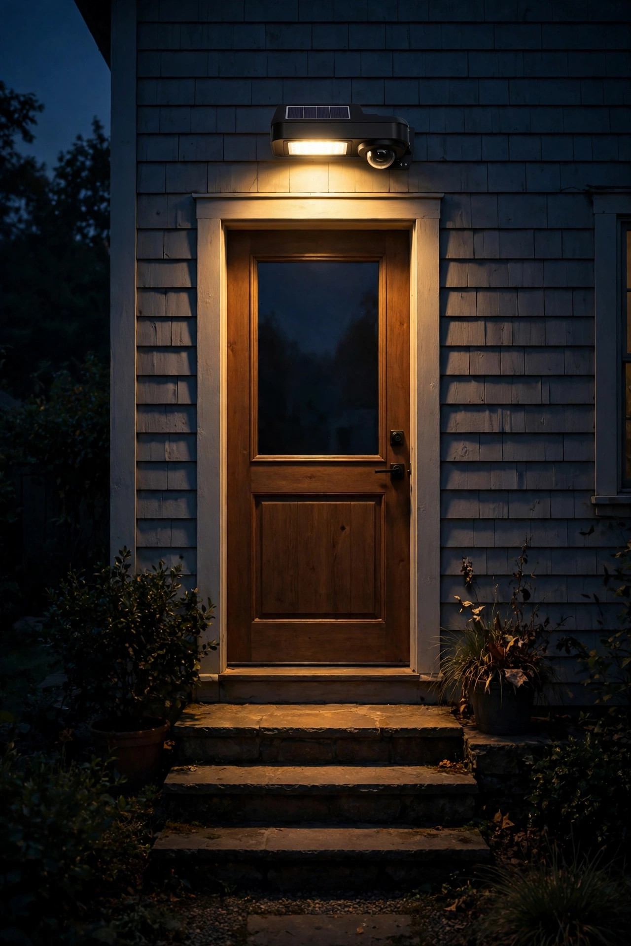 Solar flood light with motion sensor mounted above a back door illuminating the steps at night
