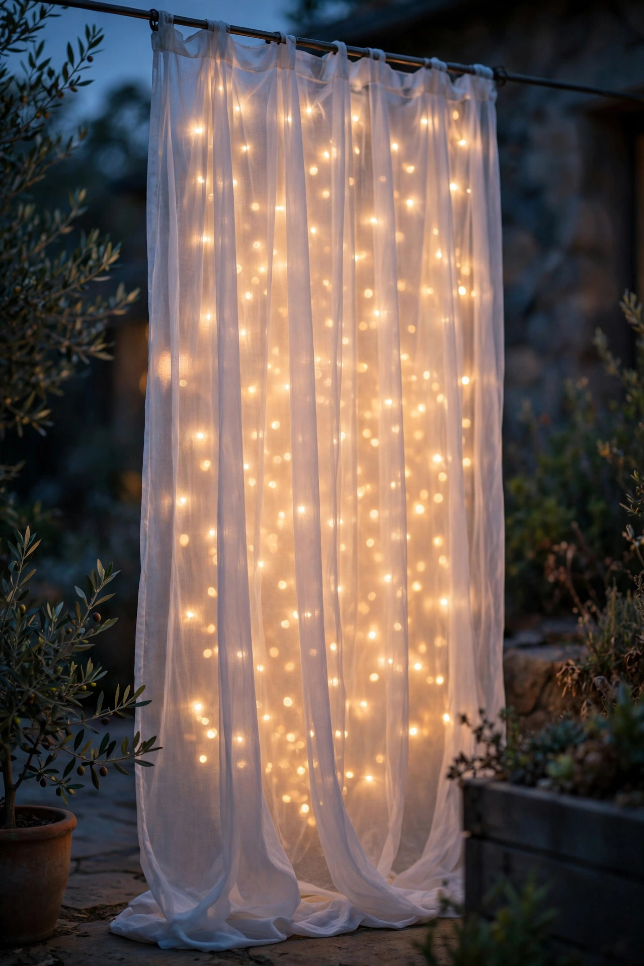 Sheer white curtain panel backlit by string lights creating a soft glowing photo booth wall