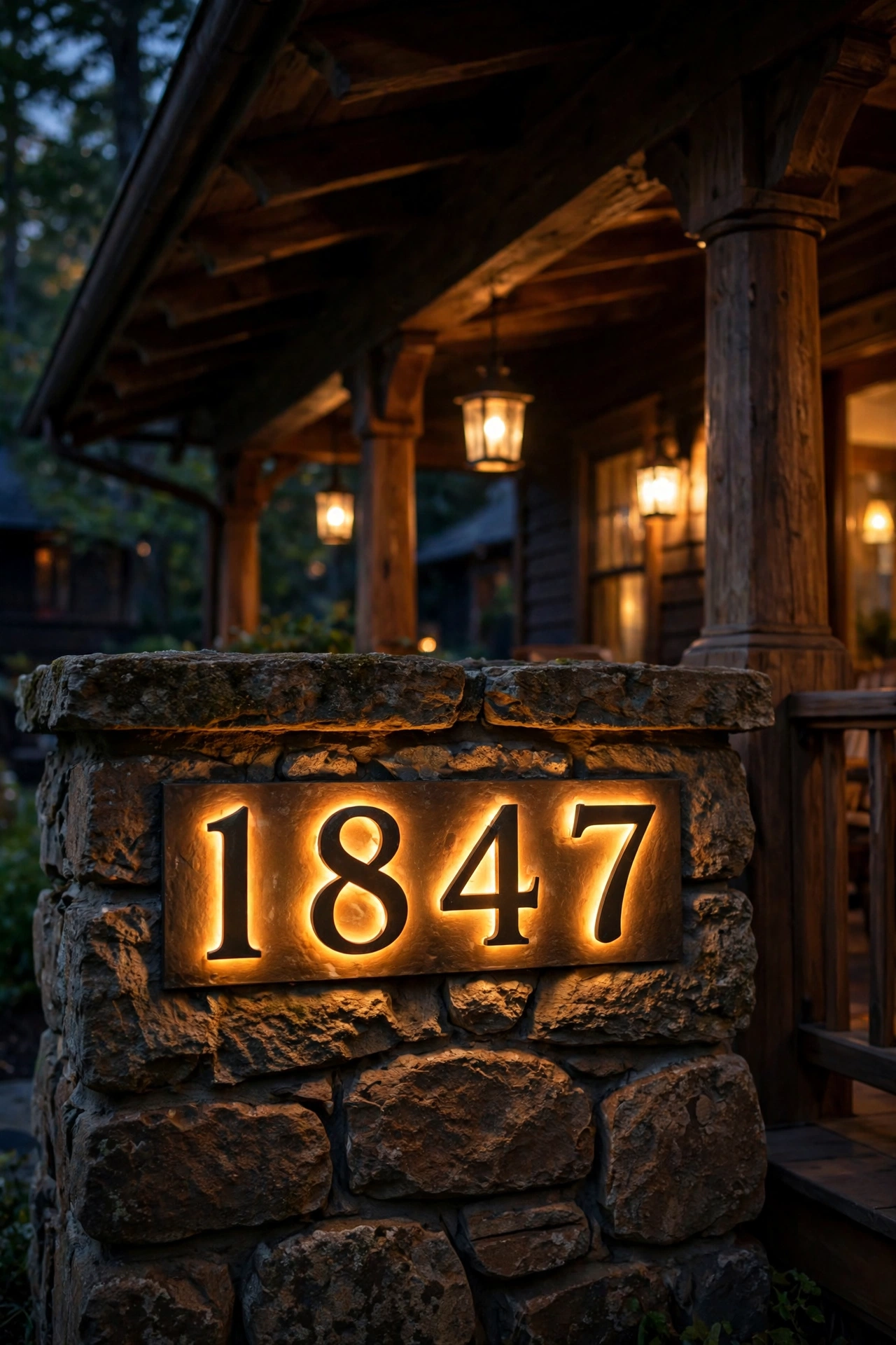 Backlit bronze house numbers on a stone porch pier of a craftsman bungalow at night