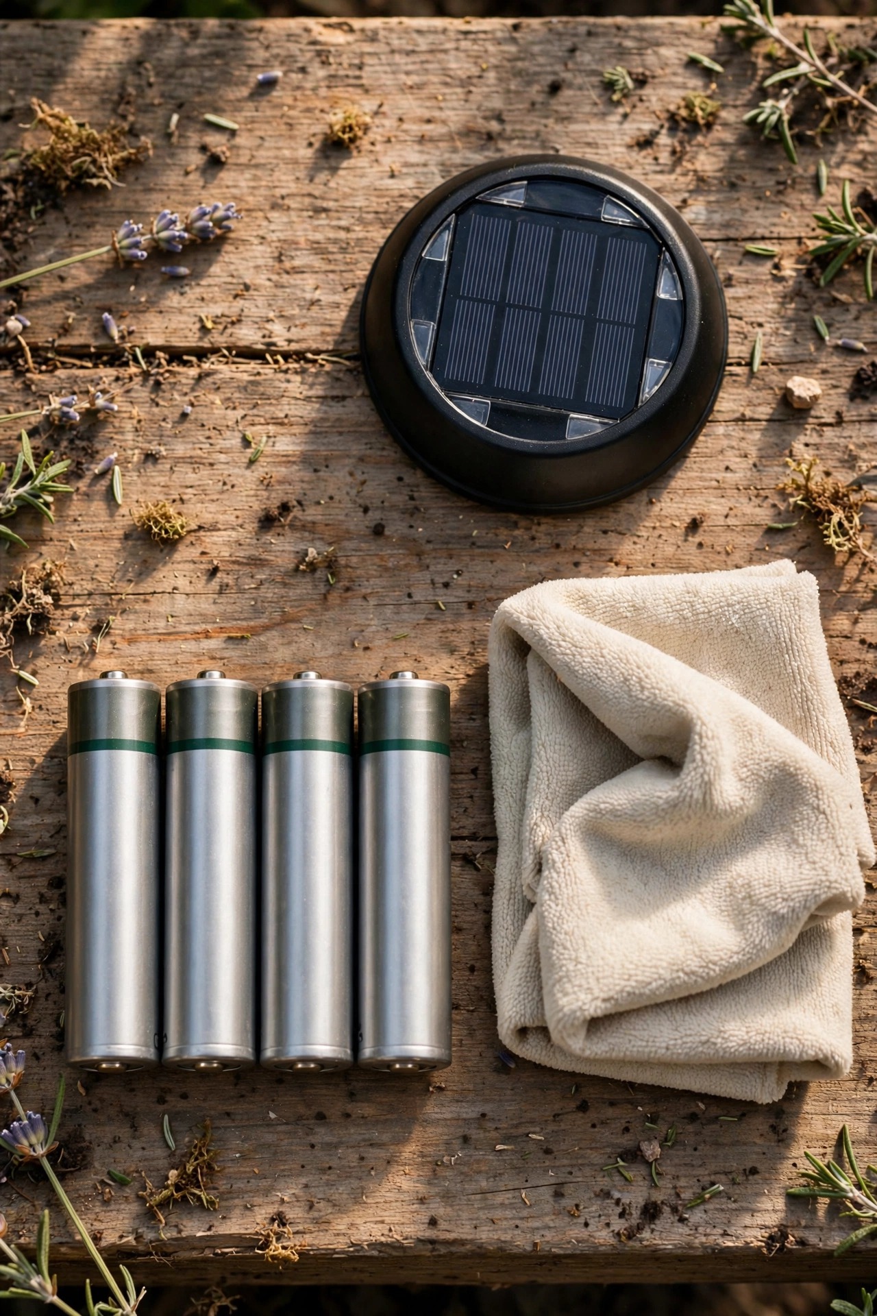 Flat lay of rechargeable NiMH batteries, a soft cleaning cloth and a solar light cap on a garden workbench