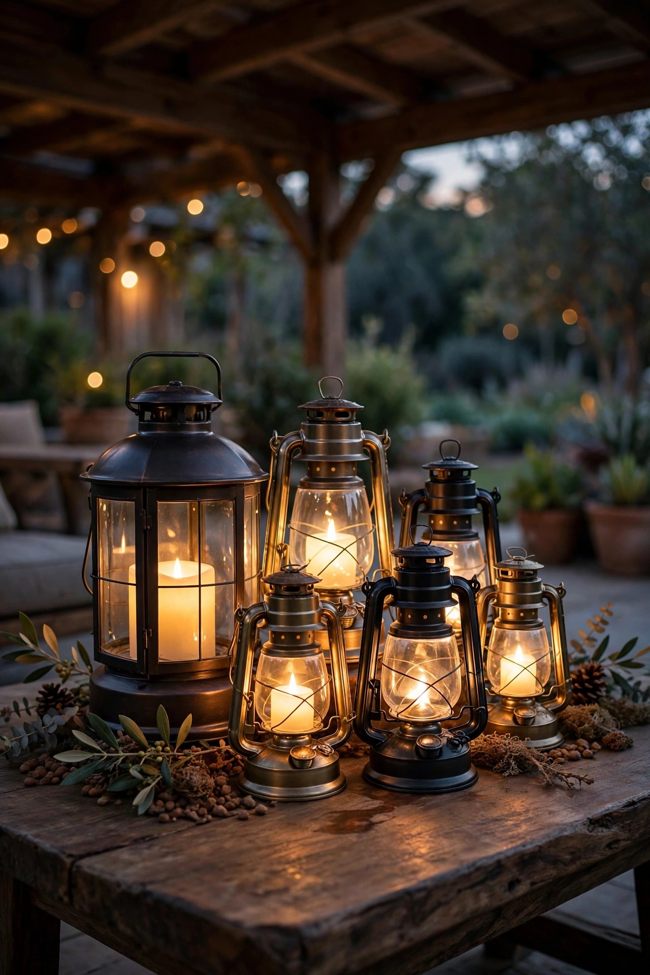 Cluster of battery lanterns with flameless candles glowing on a covered patio coffee table