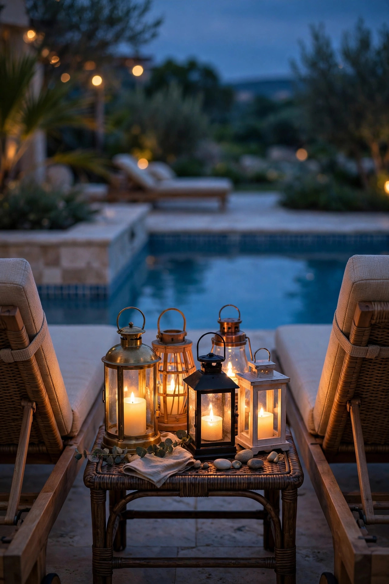 Battery-powered lanterns with flameless candles clustered on a side table between pool loungers at dusk