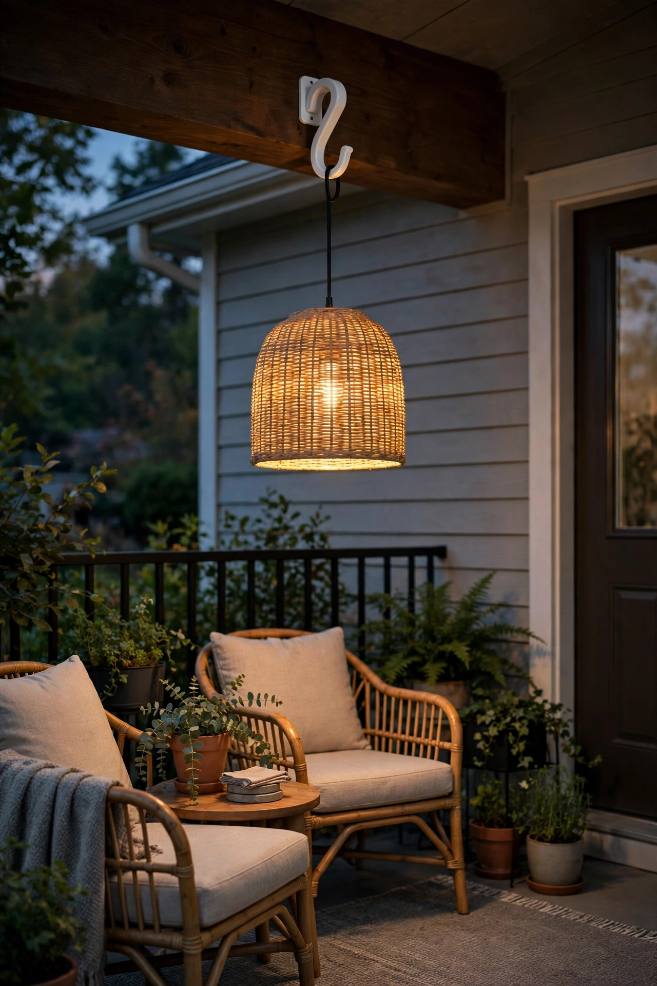 Battery-operated pendant light hanging from a removable hook over a rental porch seating area