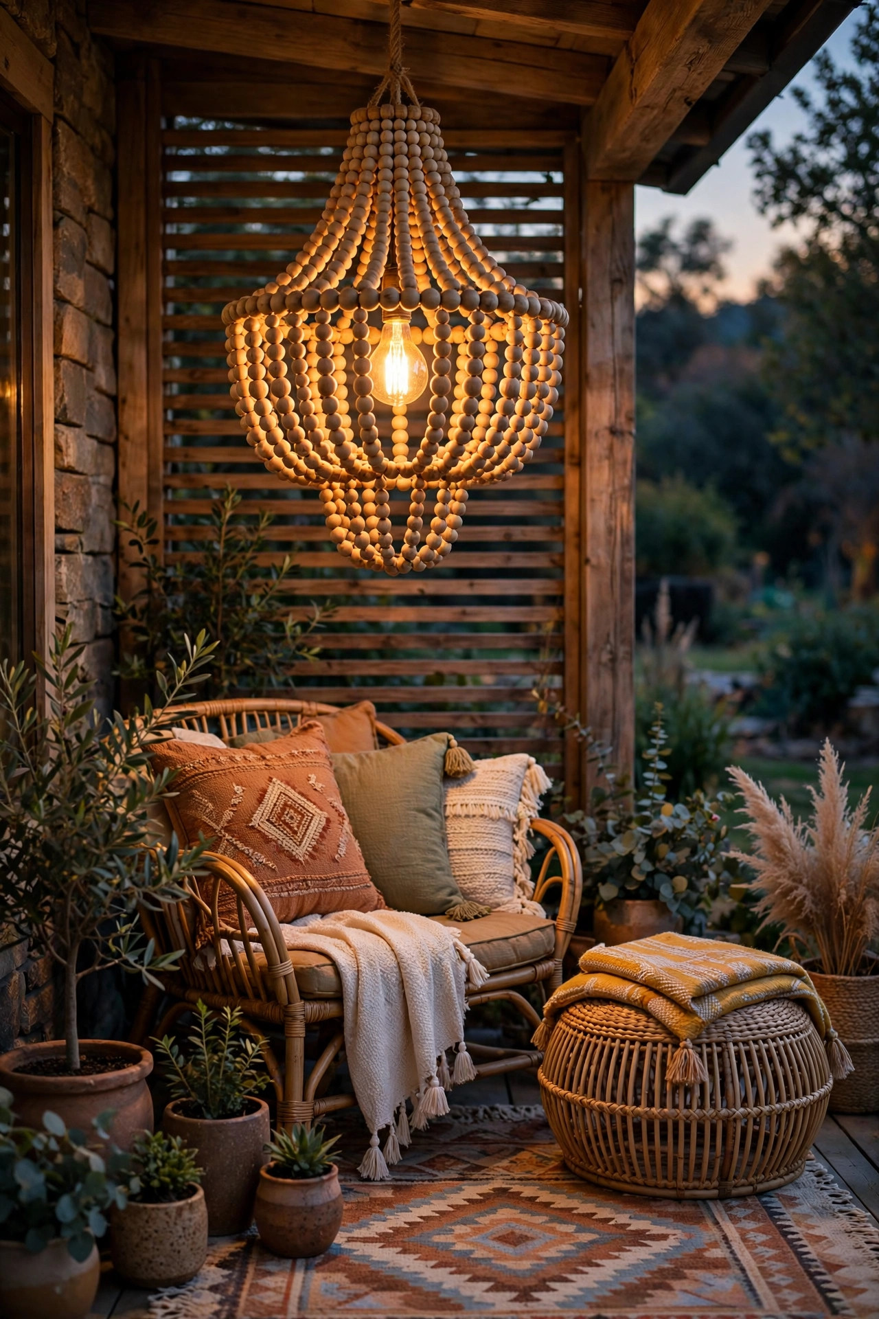 Wooden bead chandelier with a warm bulb glowing over a boho porch seating corner