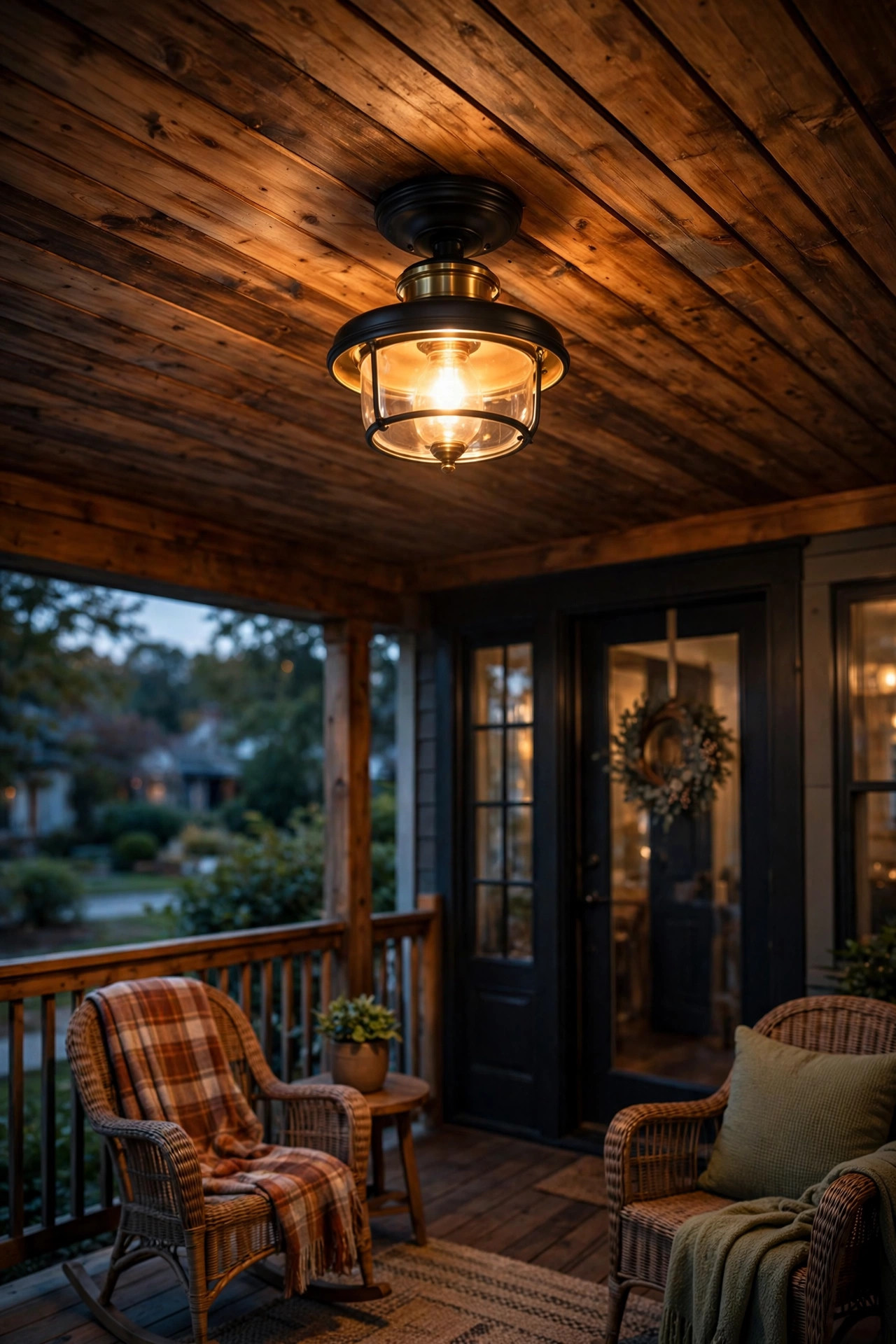 Black and brass semi-flush porch ceiling light on stained wood ceiling