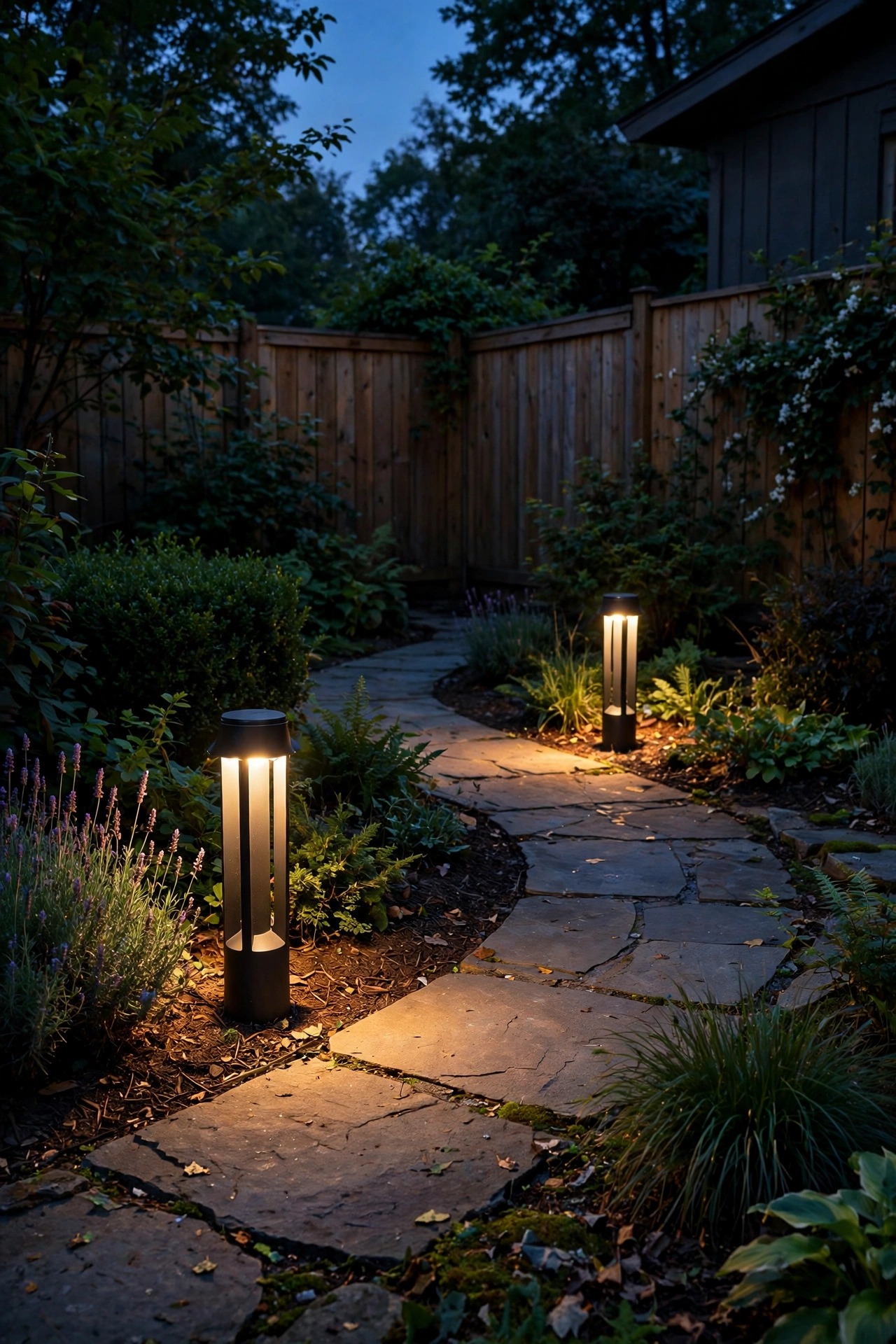 Two shielded bollard lights marking the bend of a garden path as it turns a backyard corner in the evening