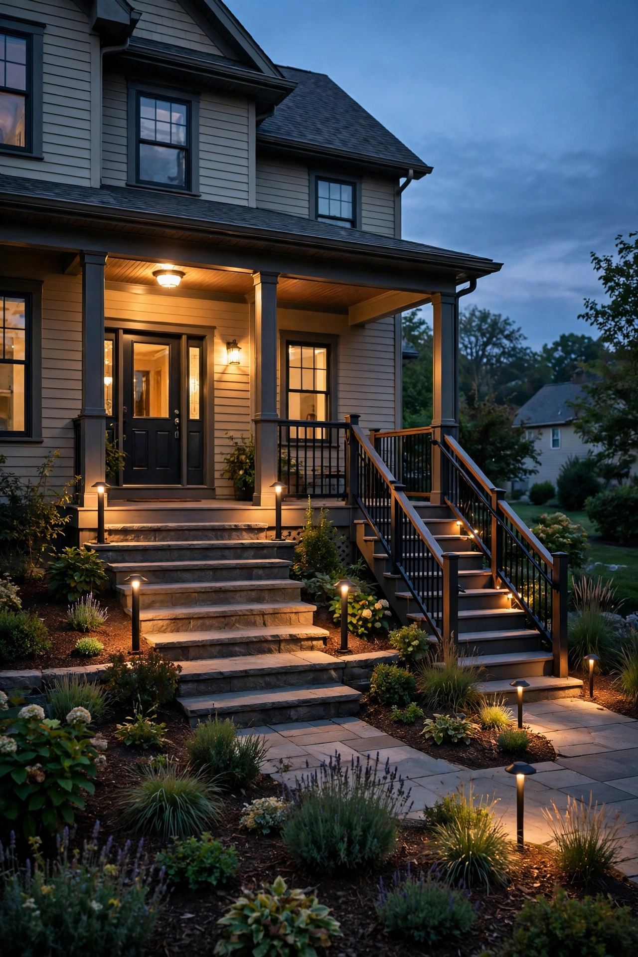 Low bollard lights flanking wide freestanding porch steps in a garden bed at dusk
