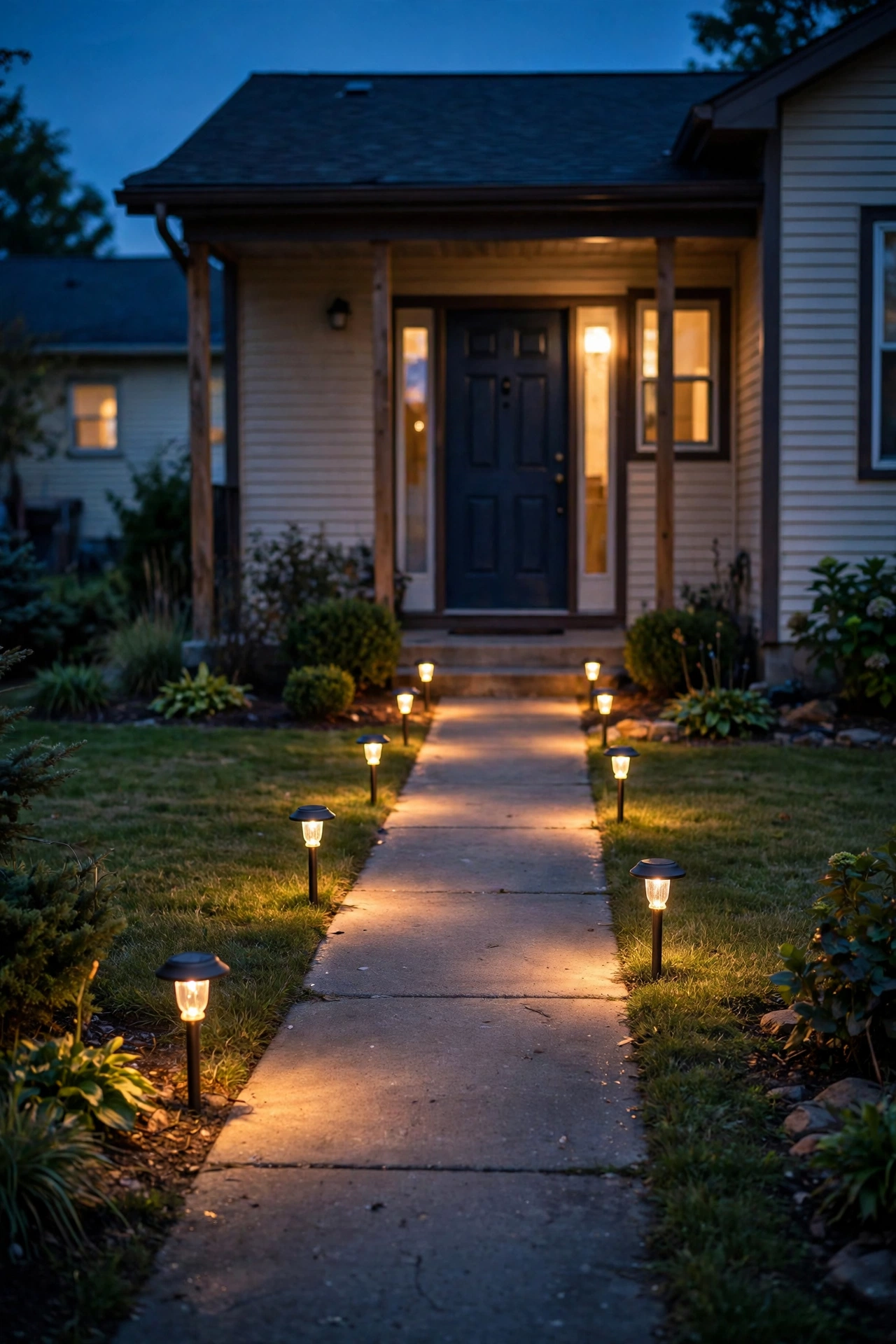 Well-lit front yard at night showing a full three-zone landscape lighting plan with warm dusk glow