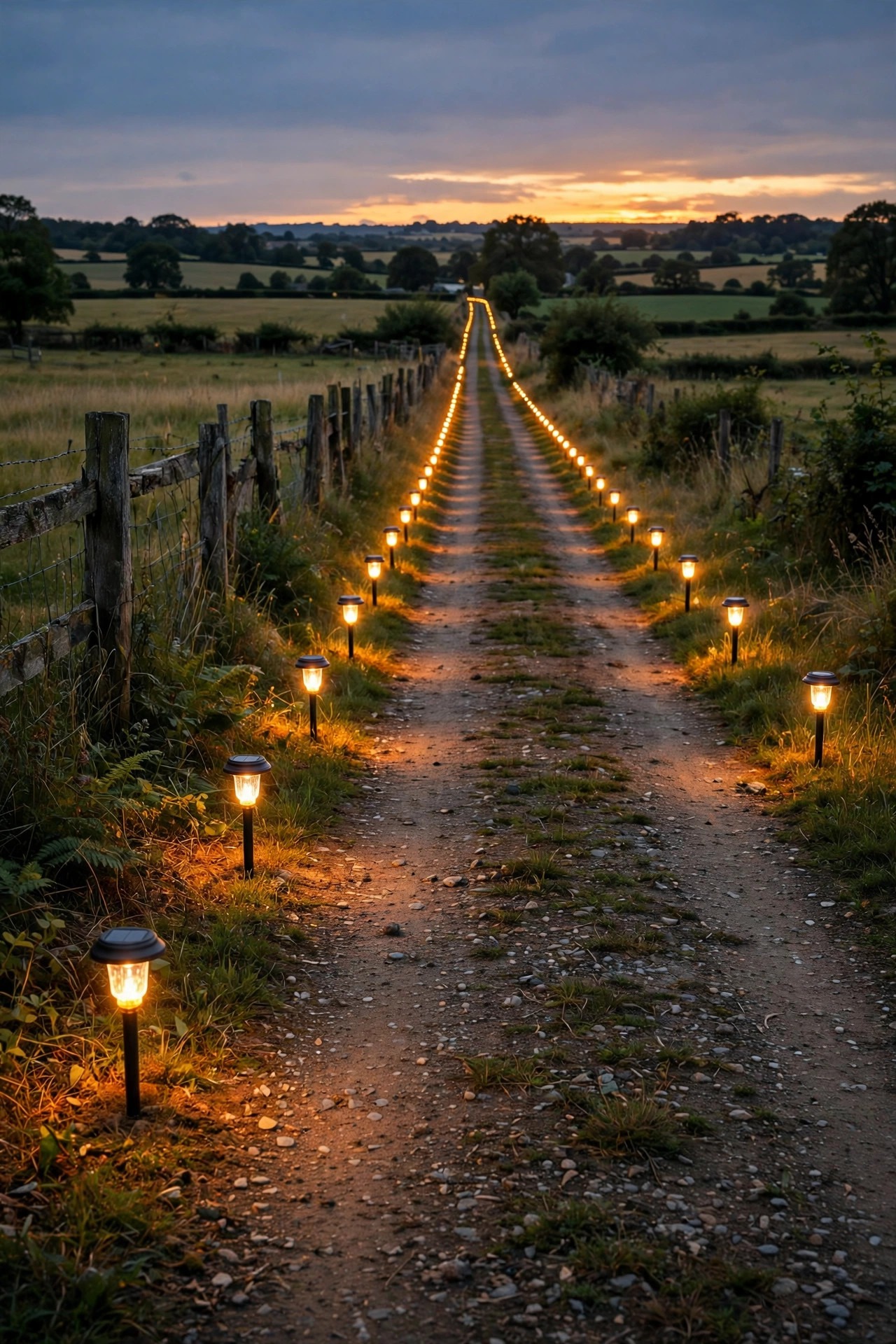 Long country driveway lined with a consistent row of budget solar stake lights stretching into the distance at dusk, warm dots of light