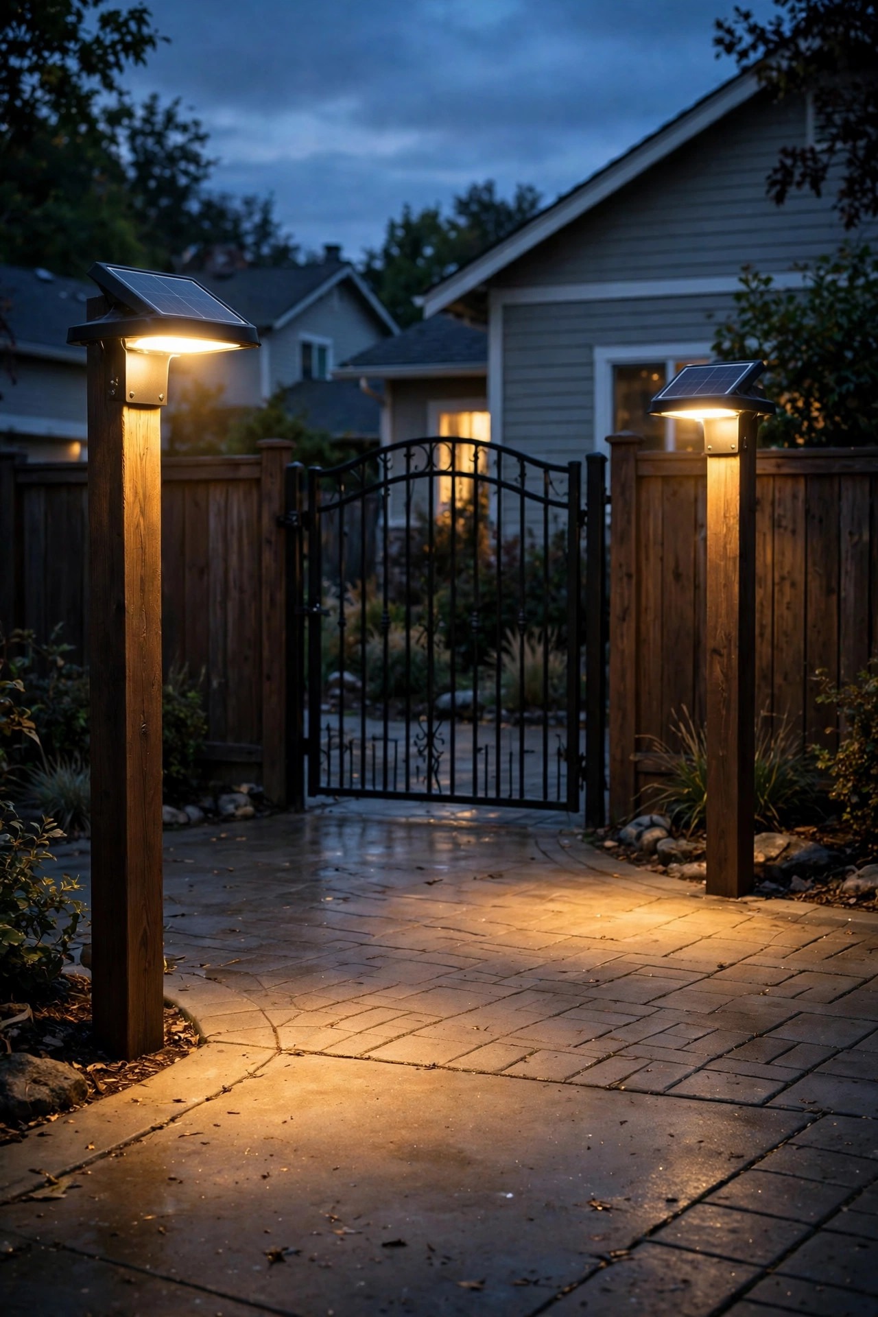 Two matching solar flood lights glowing over a driveway and a back gate at dusk, twin warm pools of light guarding a suburban home