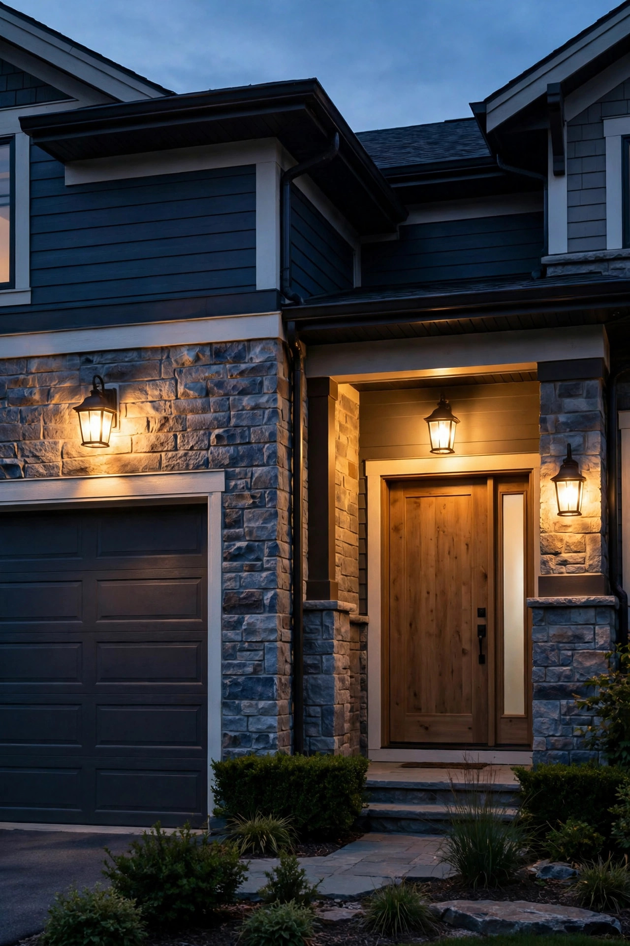 Matching porch, garage and entry light fixtures glowing together at dusk, installed in one bundled electrician visit to save on service calls