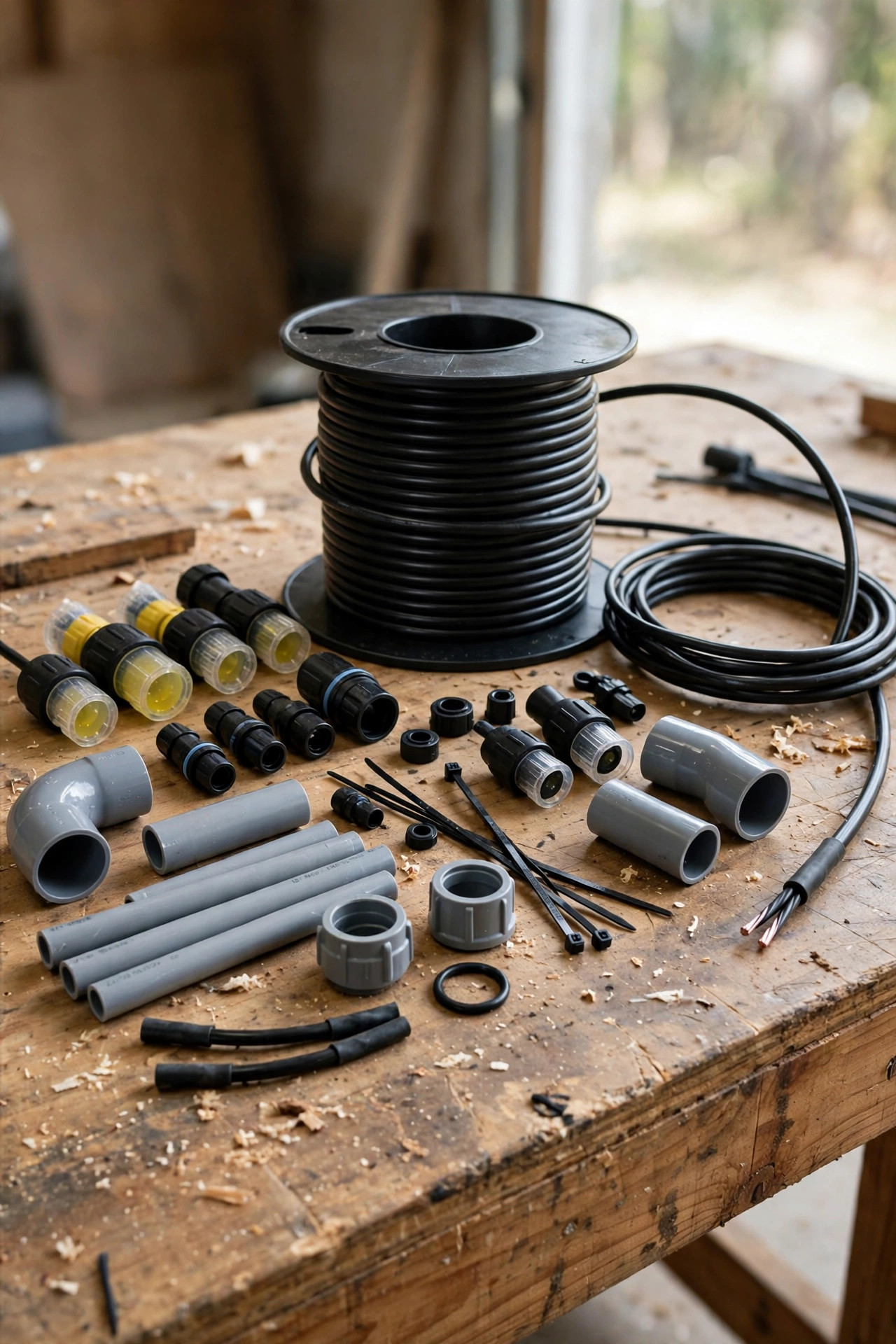 Spool of direct-burial landscape lighting cable, connectors and conduit pieces arranged on a workbench