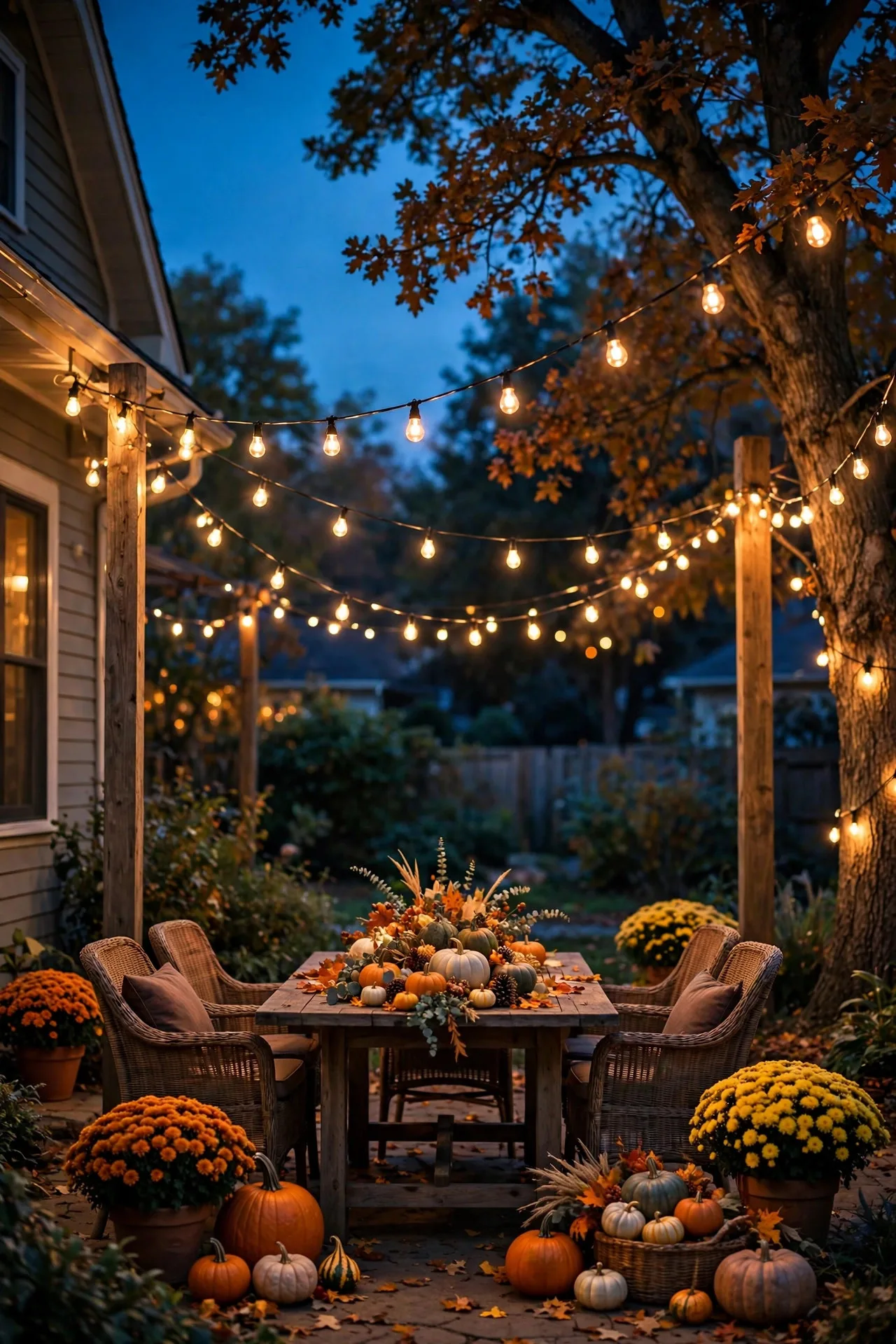 Warm cafe string lights swagged over a backyard patio for thanksgiving outdoor lighting