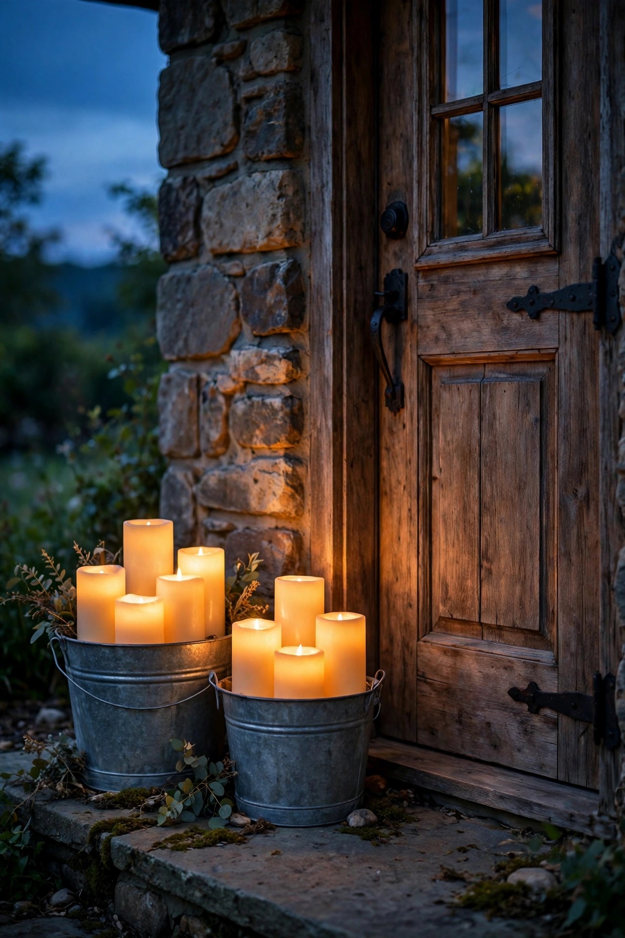Galvanized buckets filled with glowing flameless pillar candles beside a rustic front door