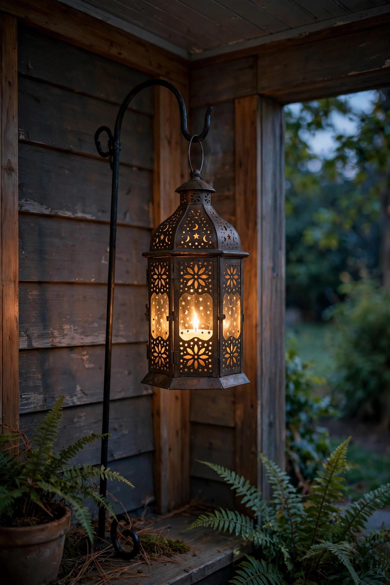 Pierced metal candle lantern with flickering warm light hanging from a shepherd's hook in a porch corner