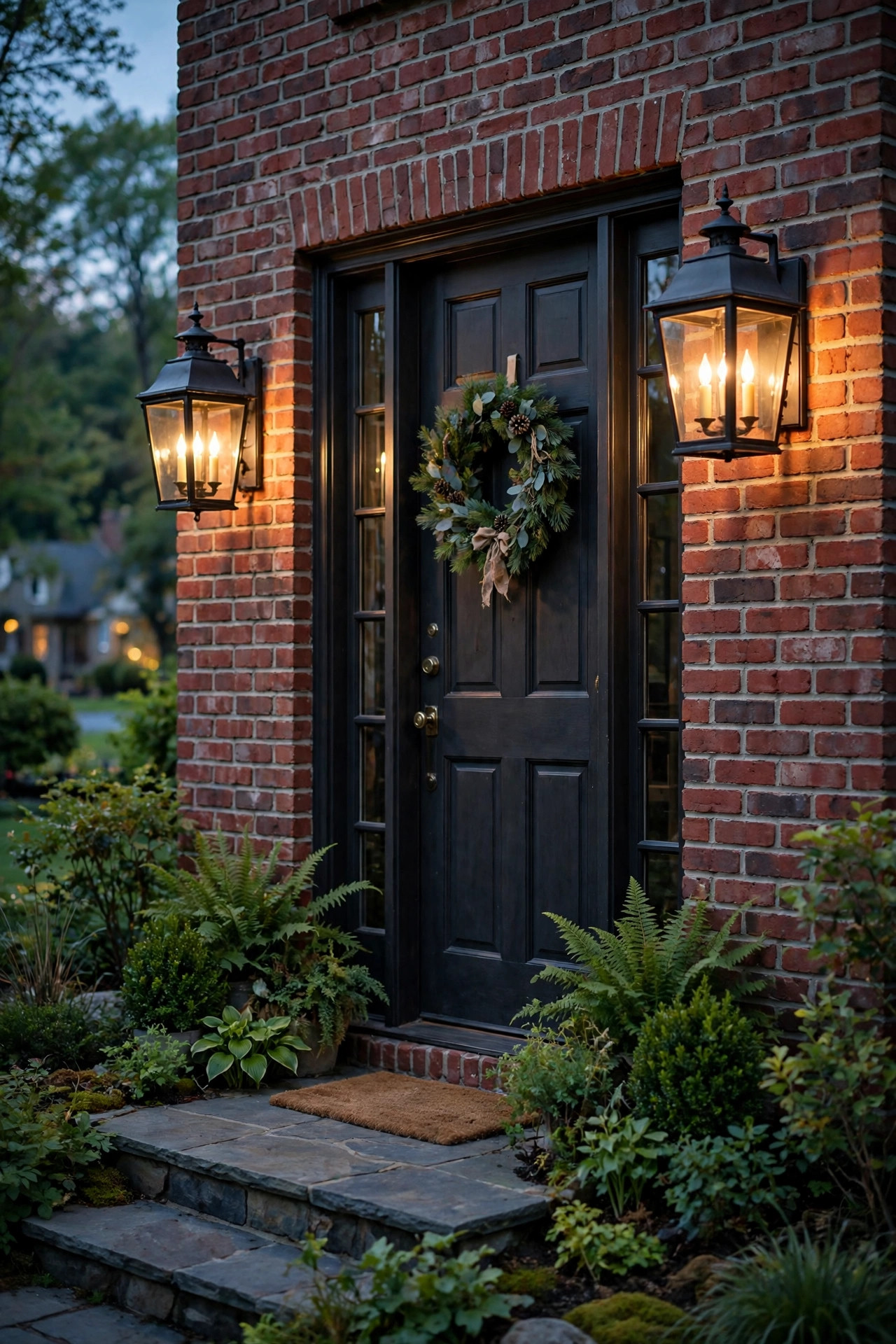 Carriage style lanterns with candle bulbs glowing beside the door of a traditional red brick home