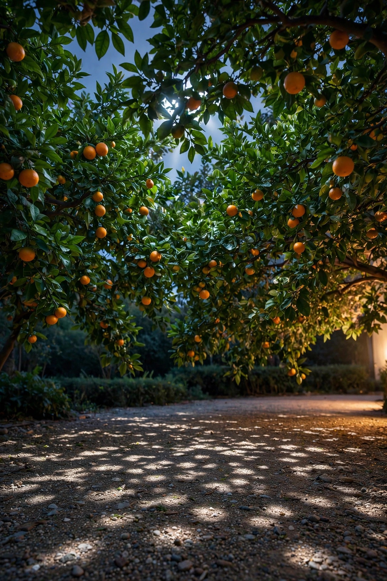 Citrus tree canopy lit from above with soft moonlight effect dappling the gravel below