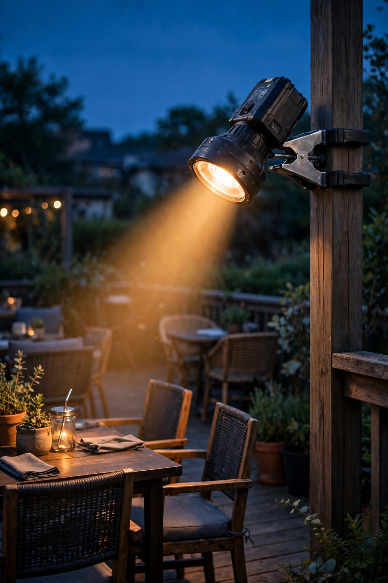 Battery clamp light gripped onto a rental deck railing post aiming warm light across outdoor seating at dusk