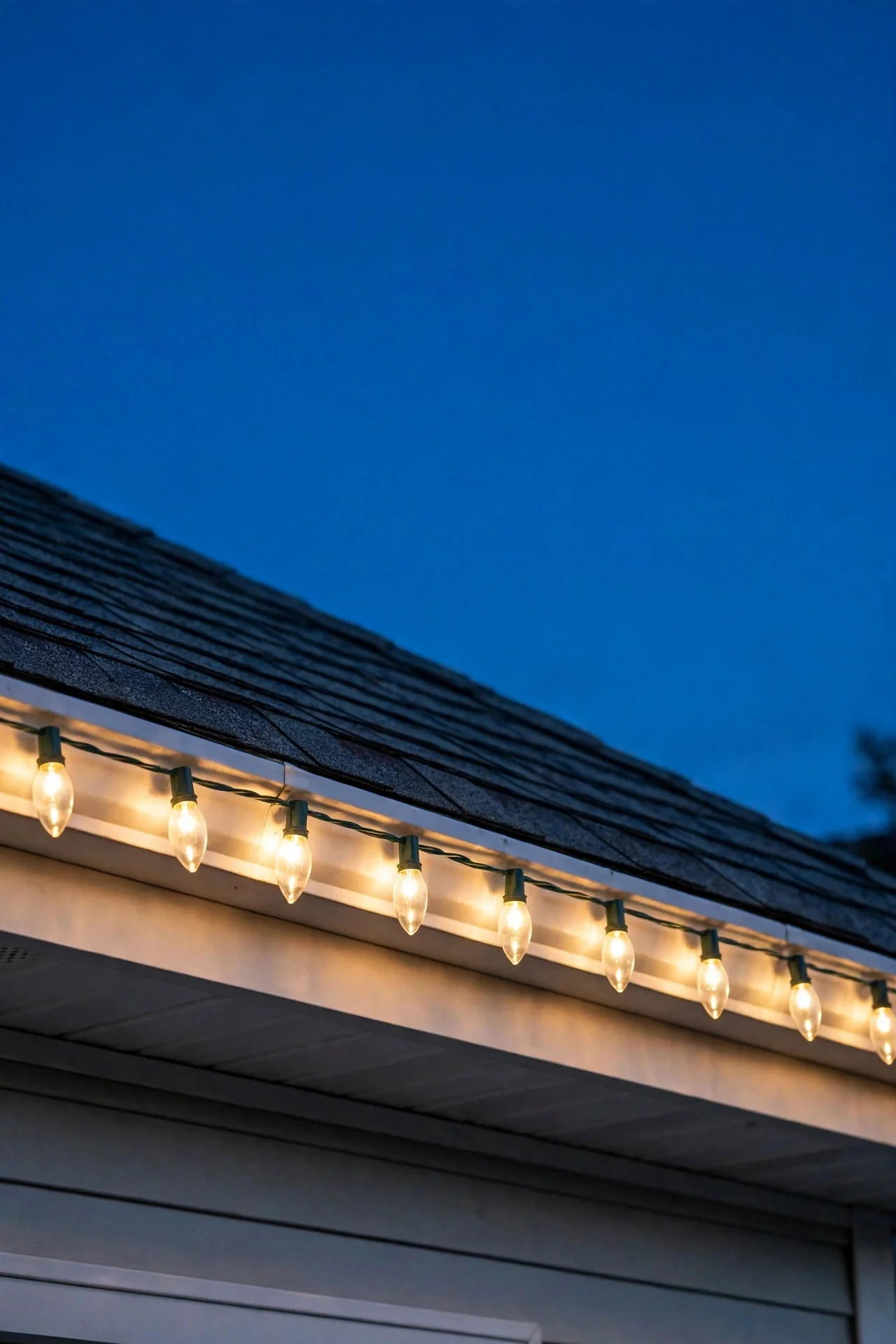 Single straight line of warm white C9 LED bulbs along a house eave at dusk