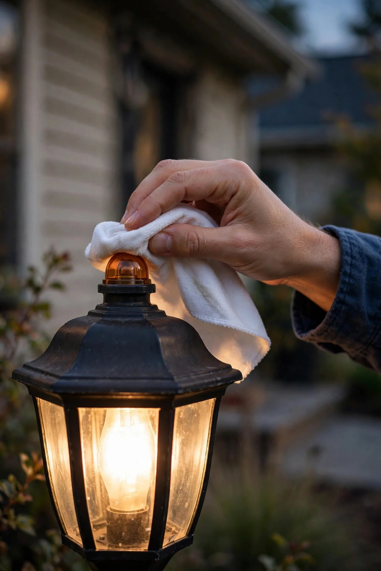 Wiping clean the photocell sensor dome on an outdoor light fixture with a soft cloth