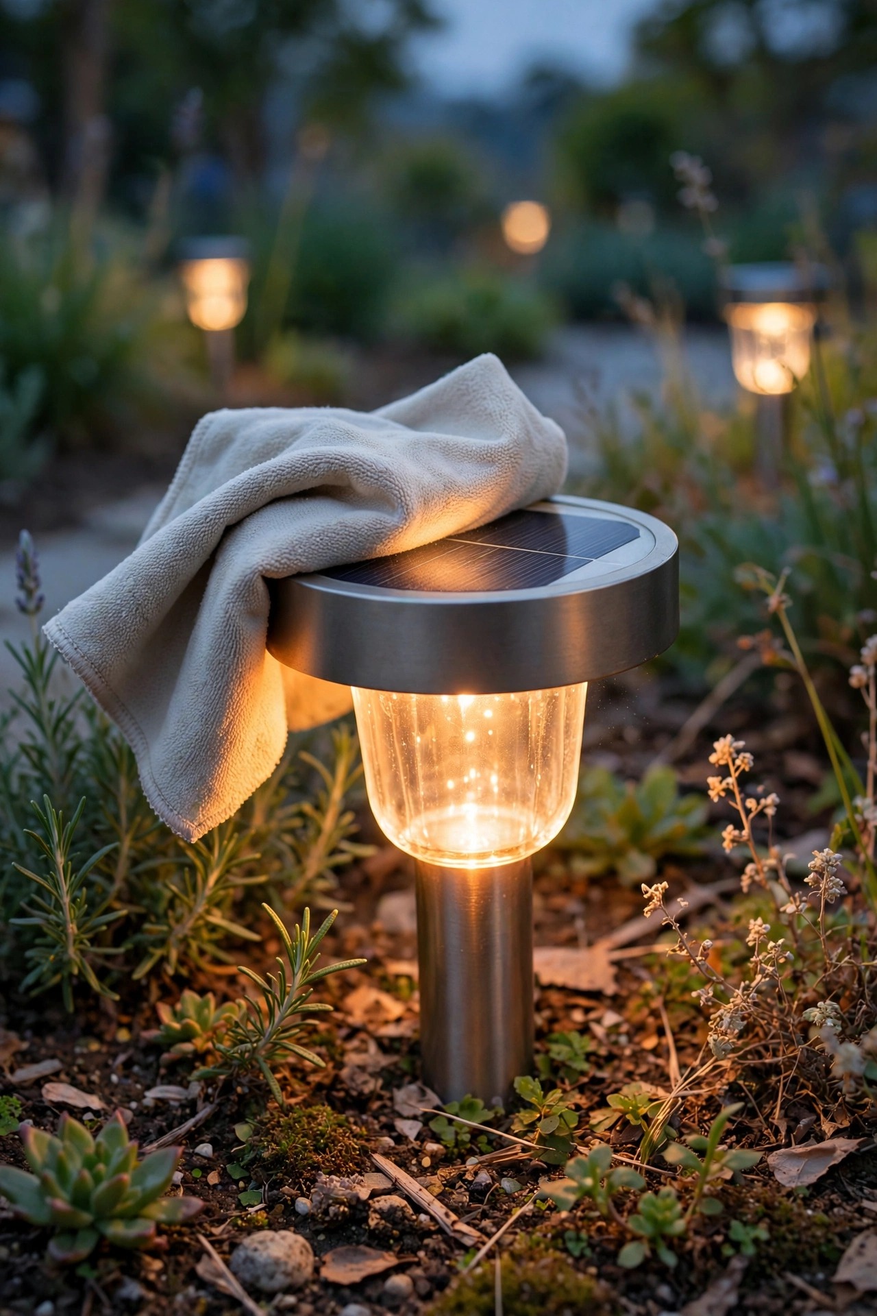 A soft cloth wiping dust from a solar path light panel in a sunny garden bed, fixture glowing later at dusk