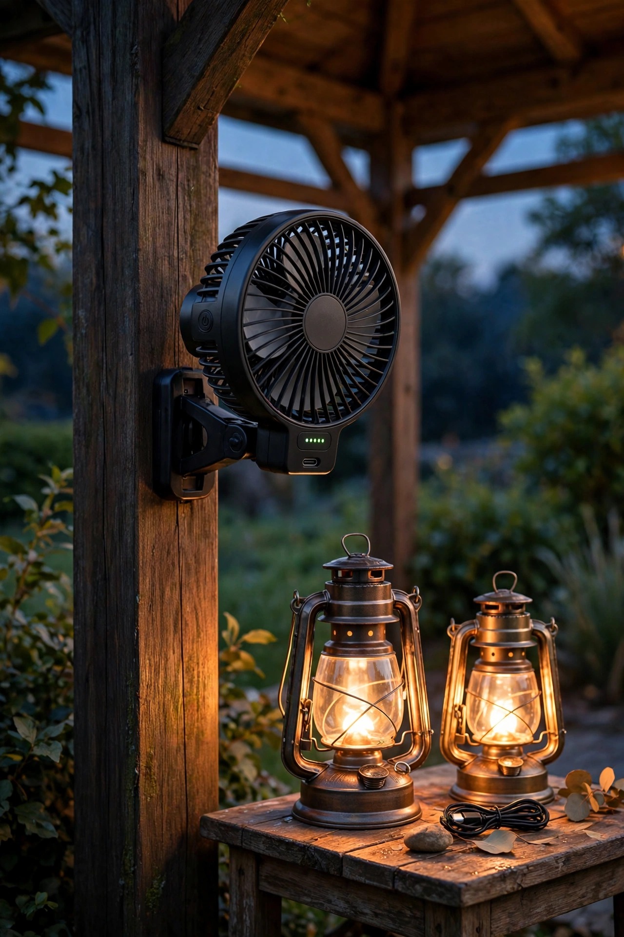 Rechargeable clip-on fan on a gazebo post with warm battery lanterns glowing on a side table