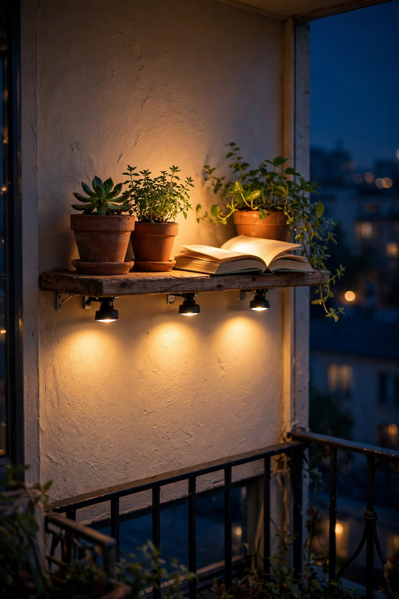 Clip-on LED puck lights glowing under a balcony shelf with plants