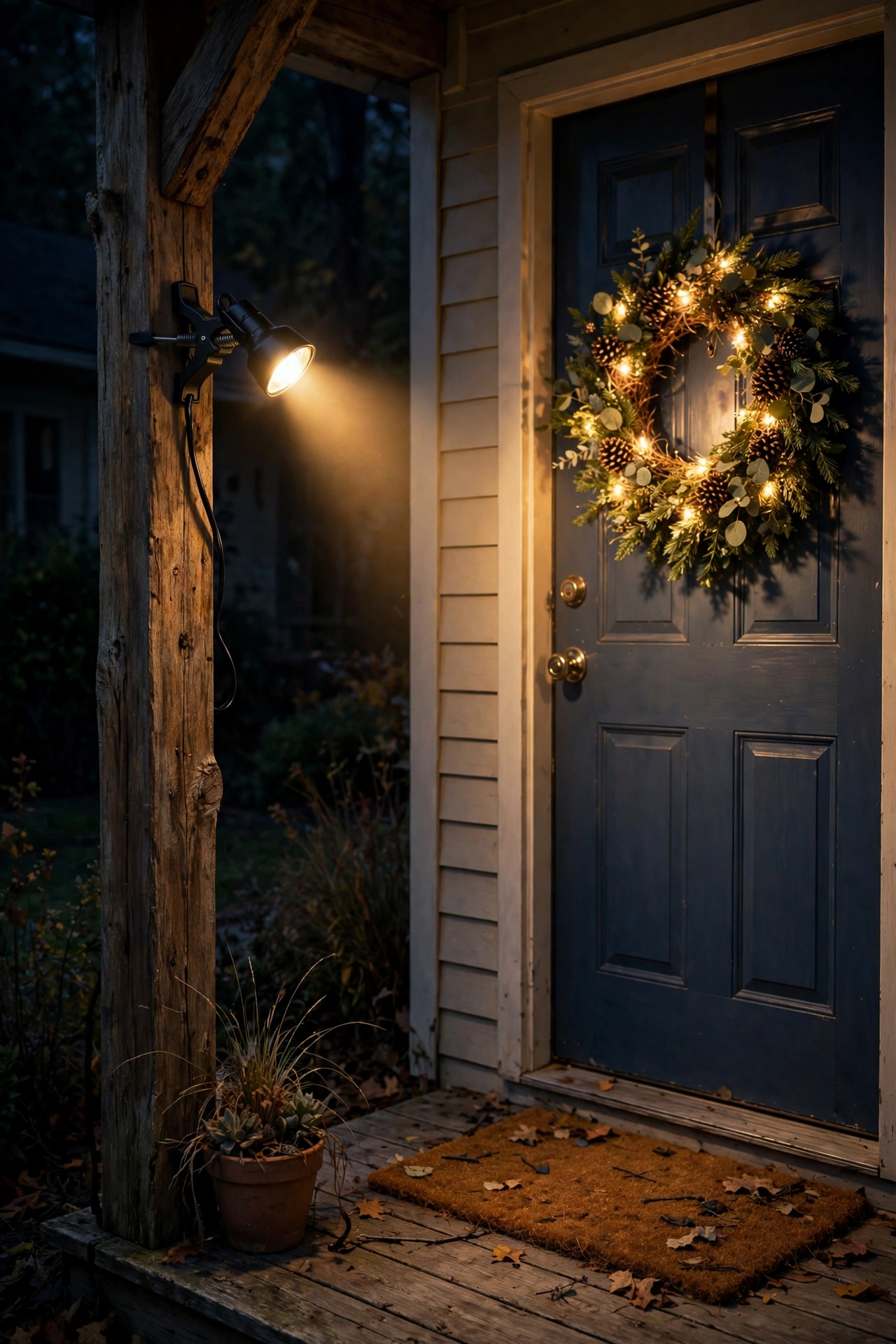 Clip-on outdoor spotlight aimed at a front door wreath glowing at night