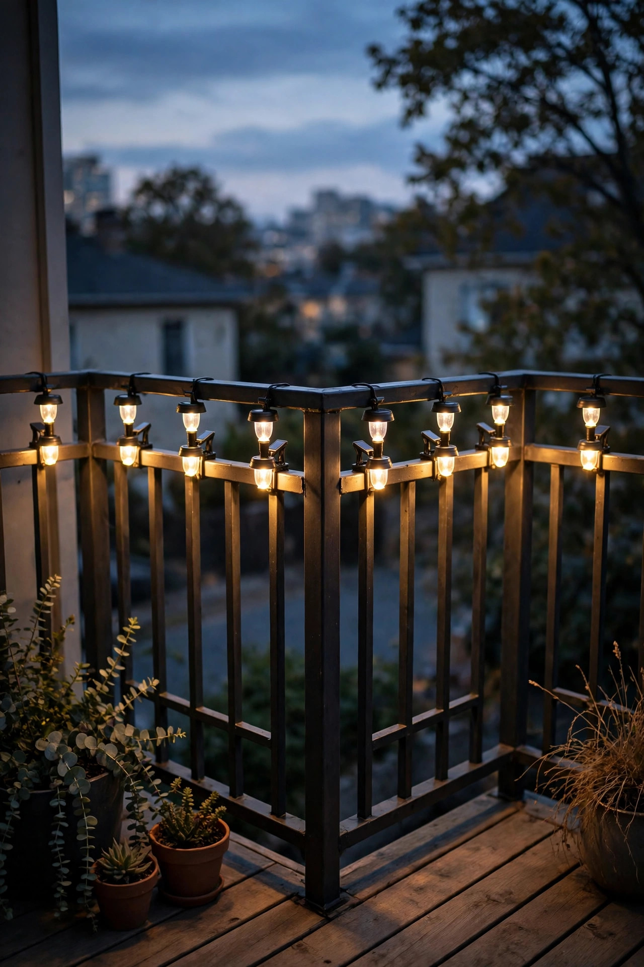 Small clip-on solar rail lights glowing downward in a row along a corner balcony railing at dusk