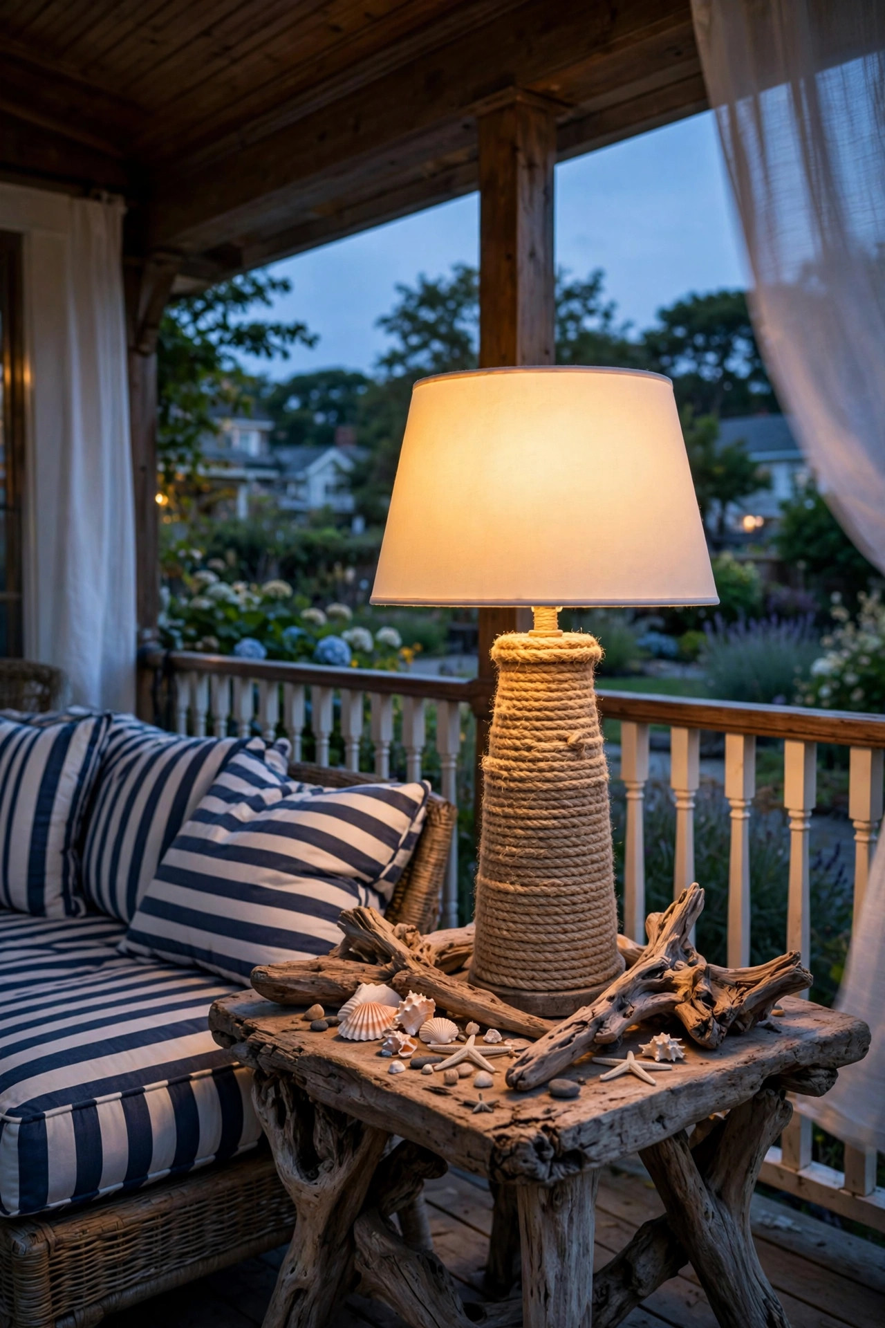 Coastal rope-wrapped outdoor table lamp on a covered porch at dusk