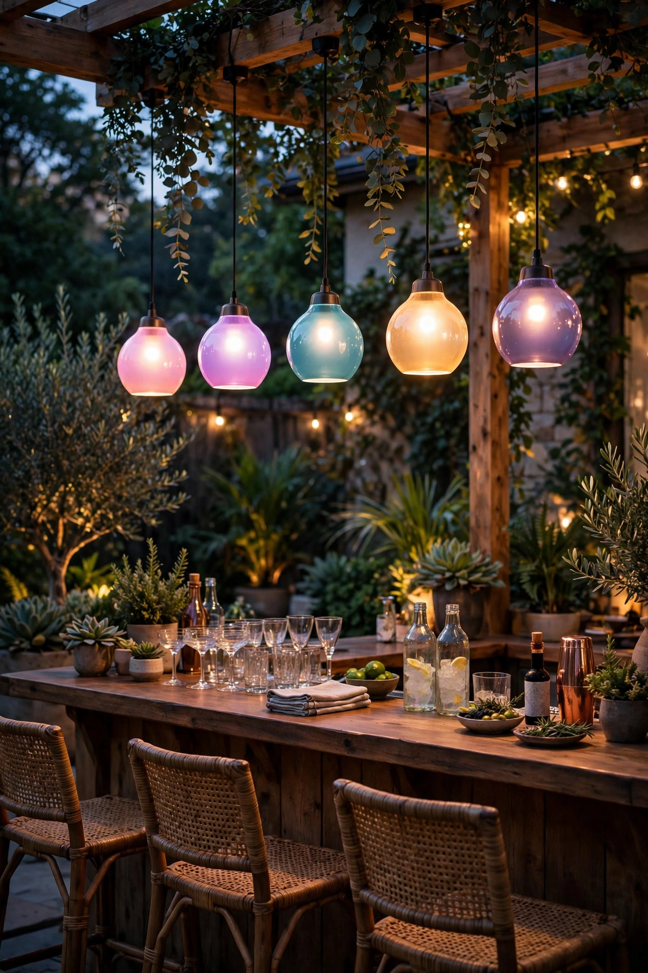 Two deck sconces glowing soft amber and teal from color-changing smart bulbs beside warm white string lights at dusk