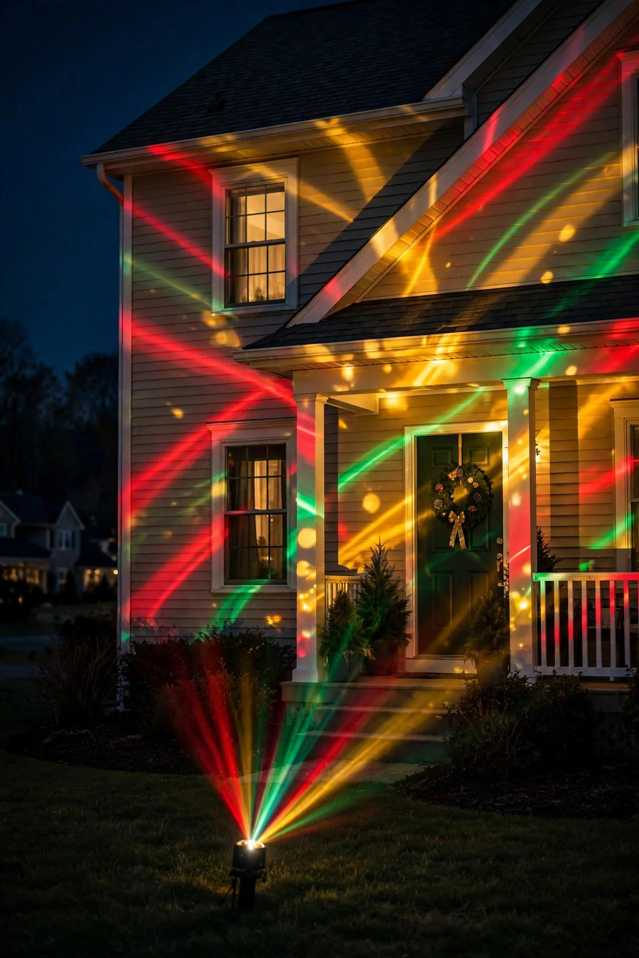A house front washed in rotating red, green, and gold projector colors