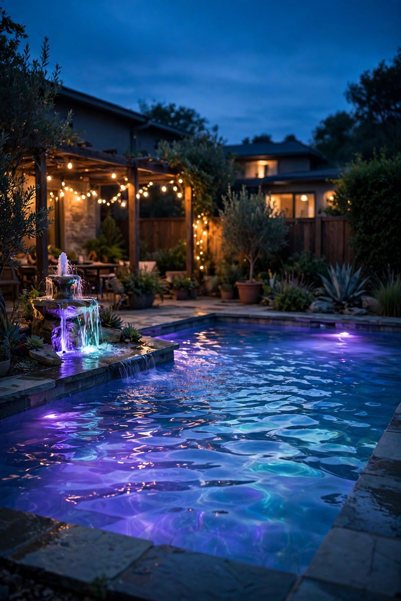 Backyard pool glowing violet and aqua from color-changing underwater pool lights at dusk, with a small color-lit fountain nearby
