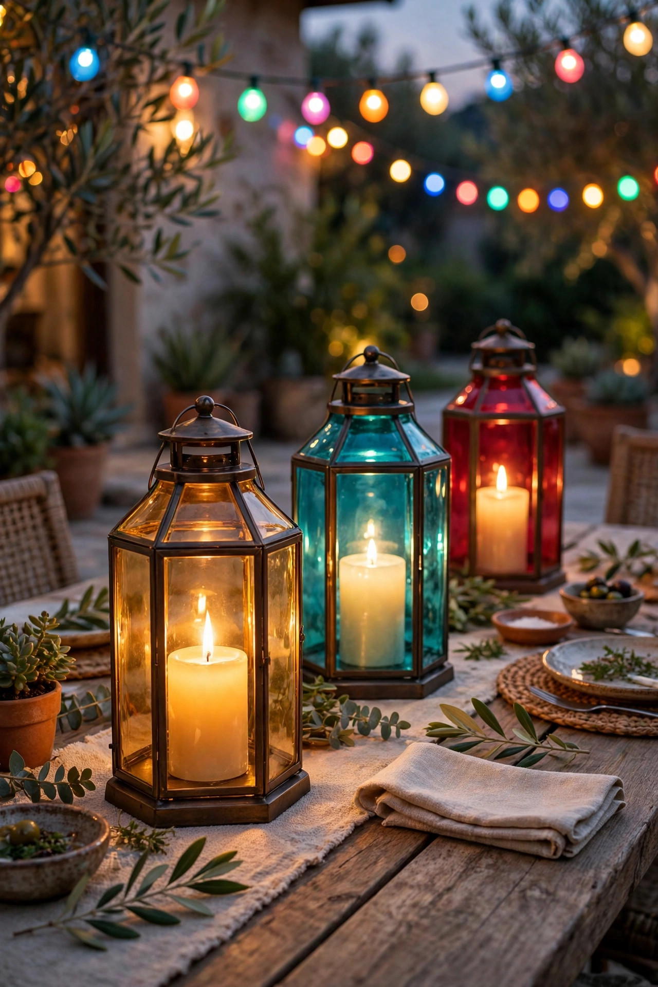 Amber, turquoise, and ruby glass lanterns with flameless candles glowing down the center of a patio dining table