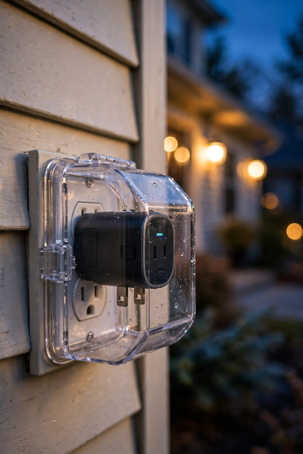 Outdoor smart plug with weatherproof cover properly installed beside a house wall at dusk, avoiding common setup mistakes