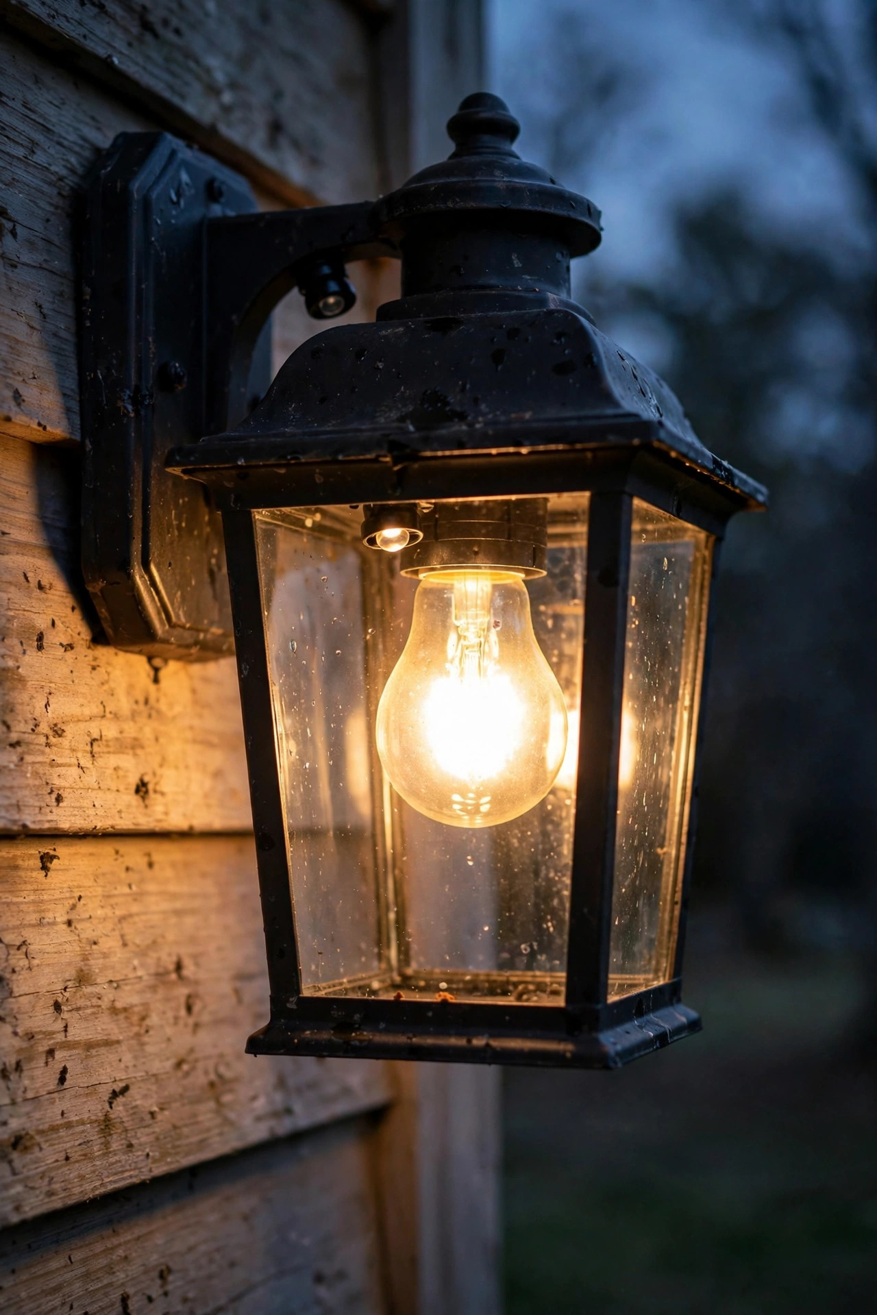 Porch light sensor accidentally installed facing its own glowing bulb, illustrating the most common photocell placement mistake