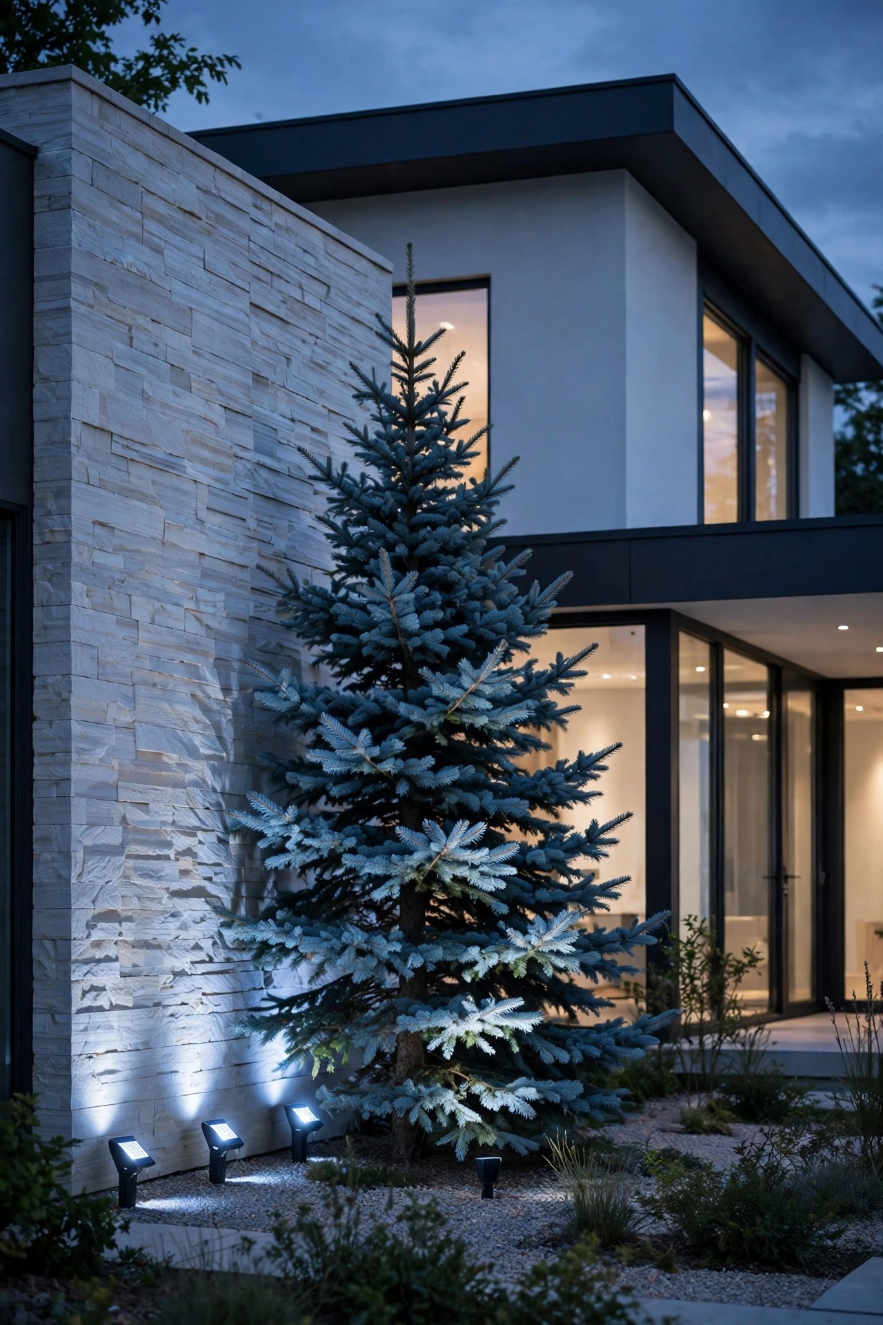 Photorealistic modern home exterior at dusk with cool white solar spotlights accenting a blue spruce and pale stone wall, crisp silvery light against clean contemporary architecture