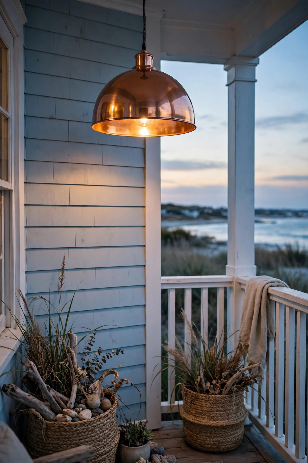 Copper dome pendant light glowing over a coastal front porch with white railings